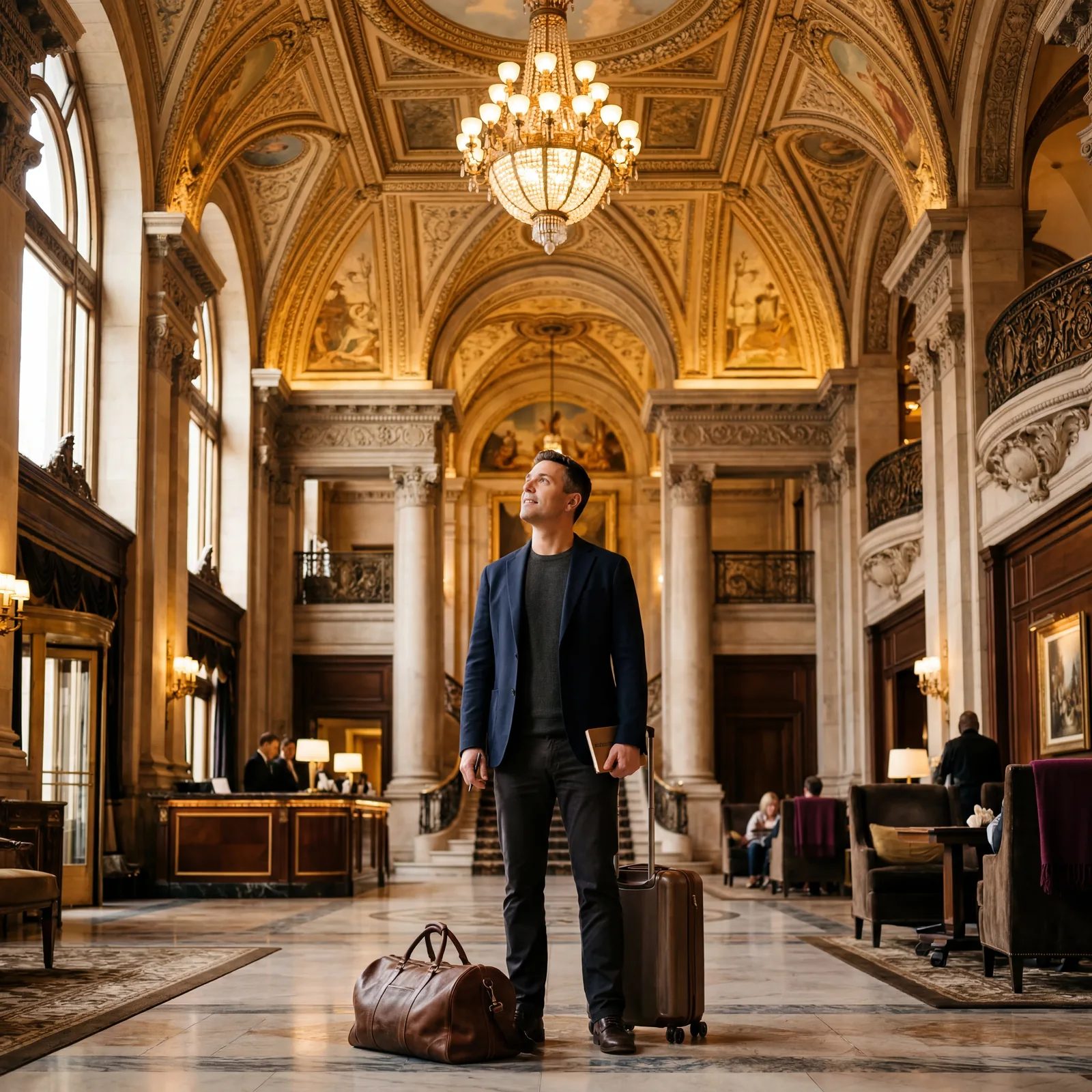 Hotel grand lobby, American traveler looking up and admiring the architecture and decor instead of staring at phone, upscale hotel lobby with elegant interior, warm editorial travel photography, golden hour, photorealistic, no text, no watermark, 16:9