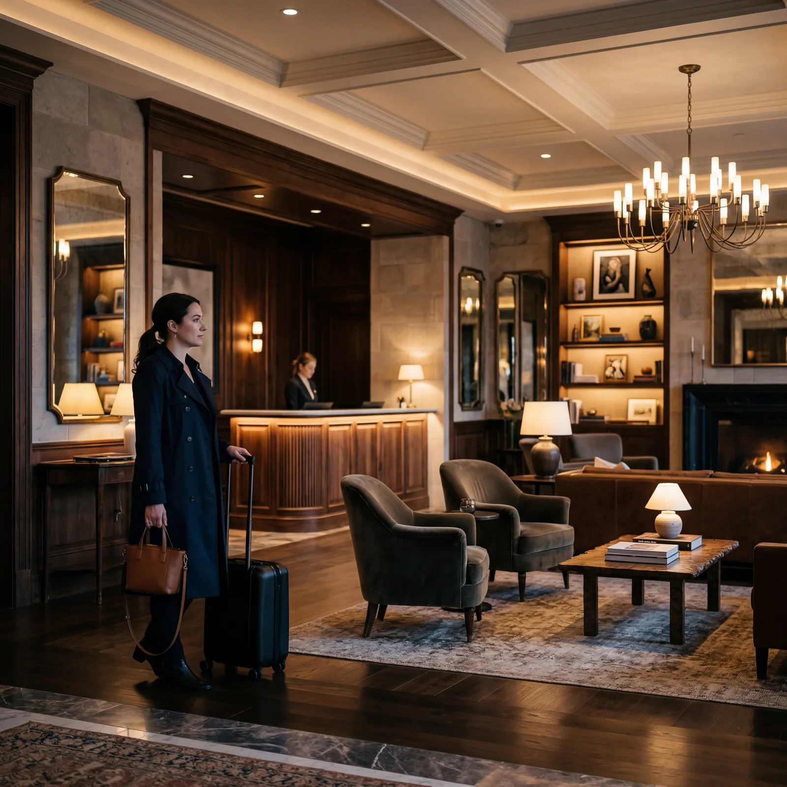 Luxury boutique hotel lobby, calm ambient lighting, guest arriving and quietly absorbing the atmosphere, soft editorial photography, photorealistic, no text, no watermark, 16:9