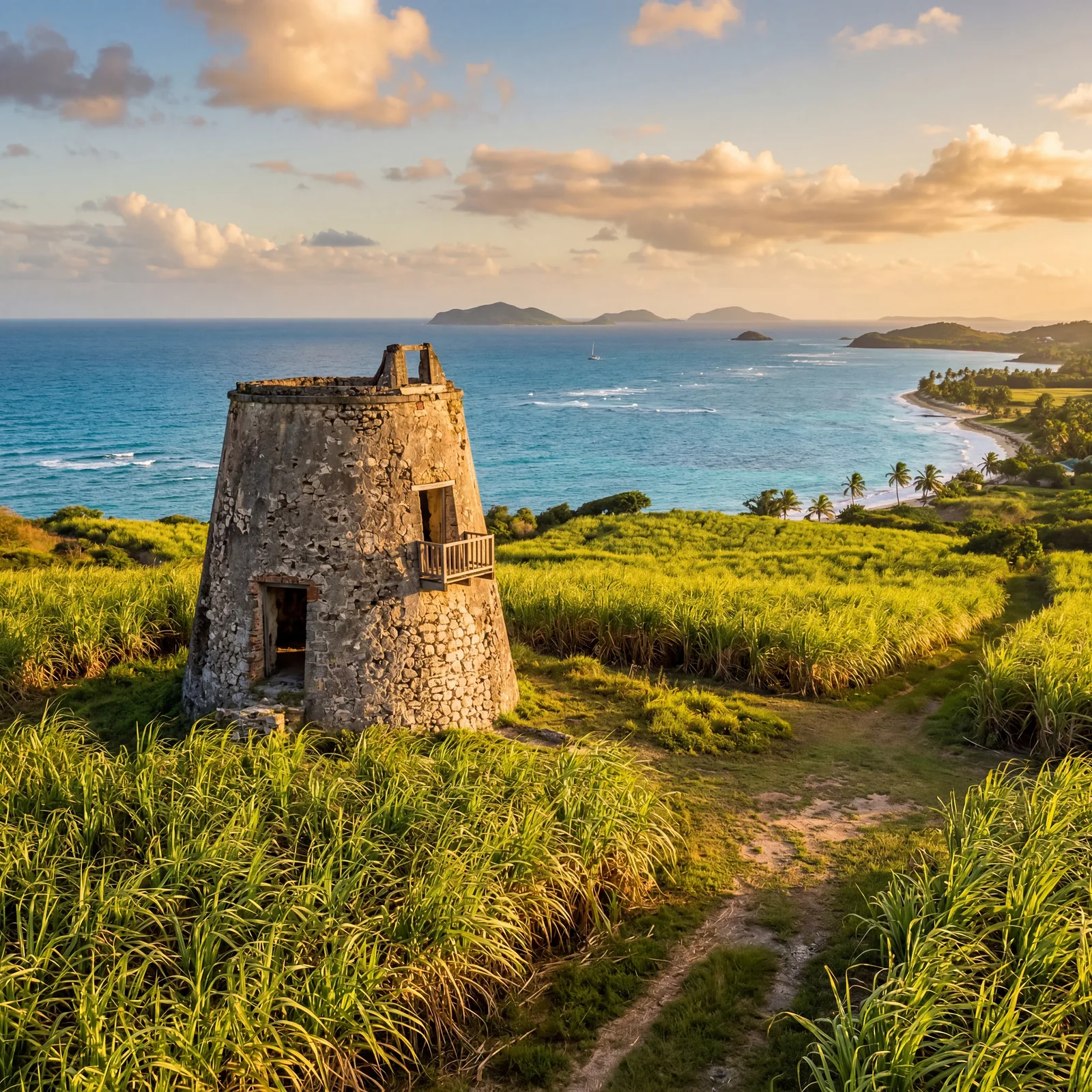 Marie-Galante Guadeloupe old windmill ruins in sugarcane fields with Caribbean Sea backdrop, golden afternoon light, photorealistic, no text, no watermark, 16:9