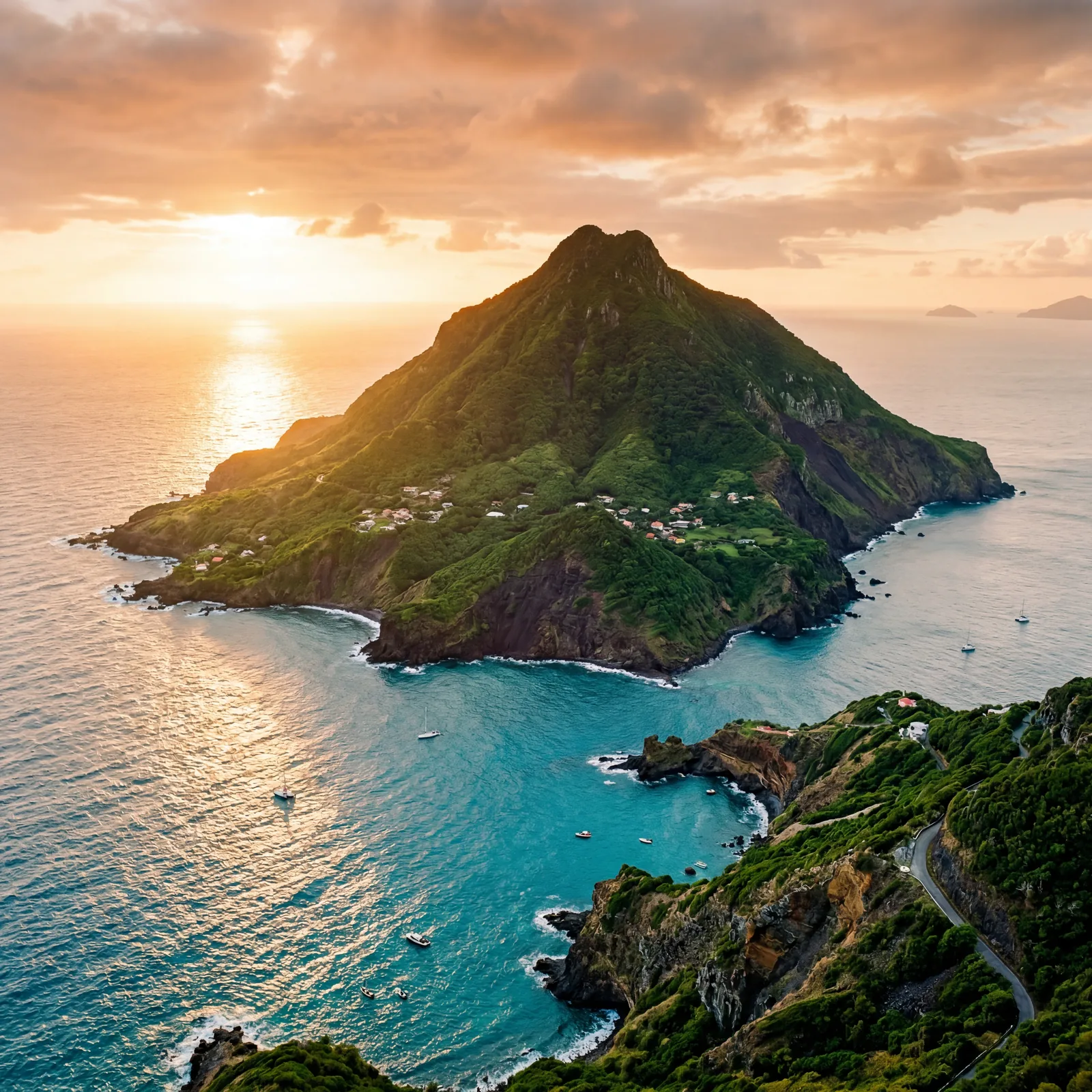 Saba Netherlands Antilles with dramatic volcanic peak rising from Caribbean Sea, lush green, photorealistic, warm editorial travel photography, golden hour, no text, no watermark, 16:9