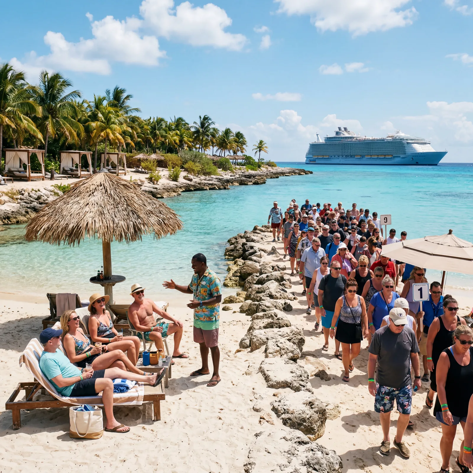 Small group of tourists with a local guide at a private beach in a Caribbean port, relaxed and happy, compared to large cruise ship tour group on the other side of the same beach, editorial travel photography, photorealistic, no text, no watermark, 16:9