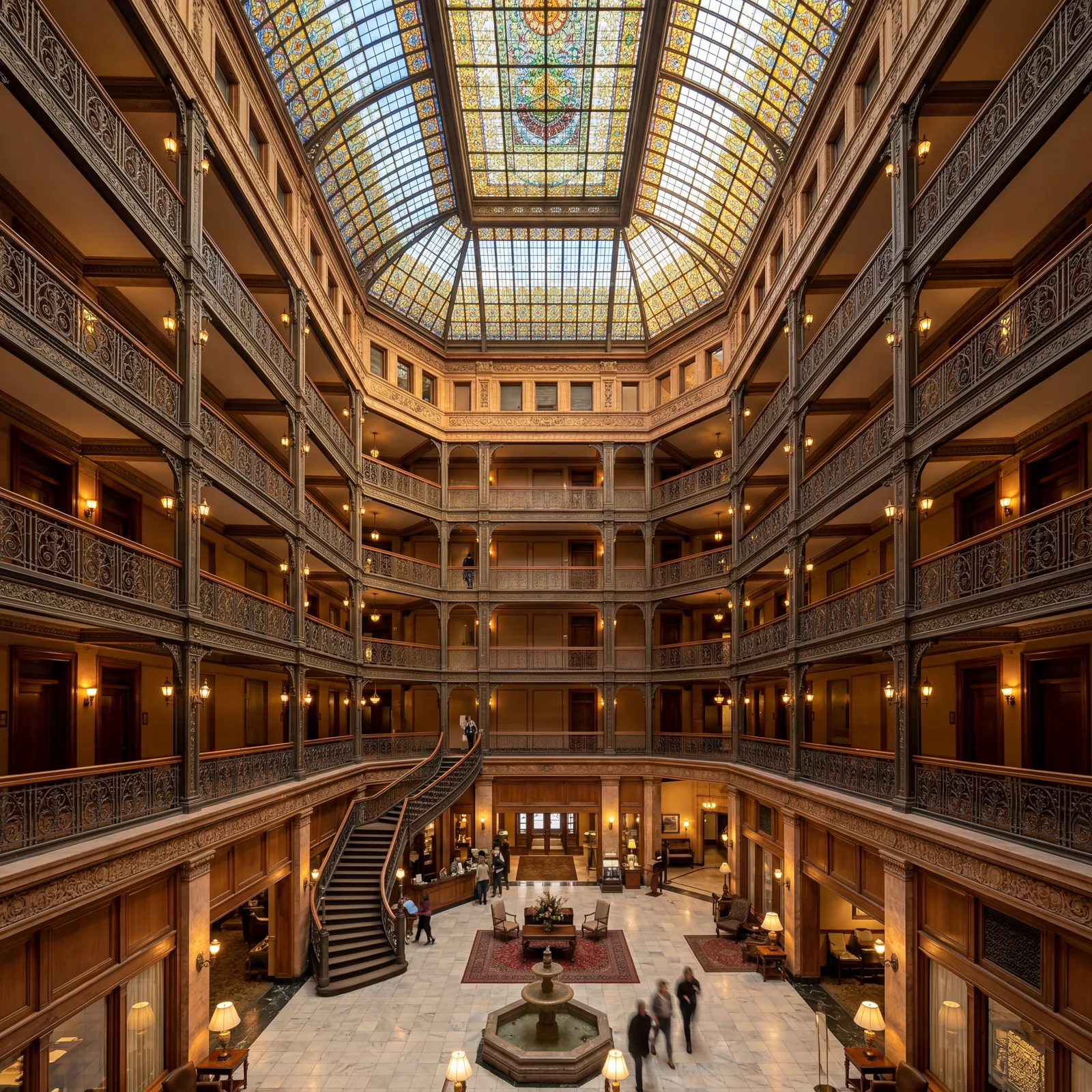 Soaring nine-story atrium of the Brown Palace Hotel Denver Colorado with eight floors of ornate cast-iron balconies and stained glass skylight above, warm editorial travel photography, golden hour, photorealistic, no text, no watermark, 16:9