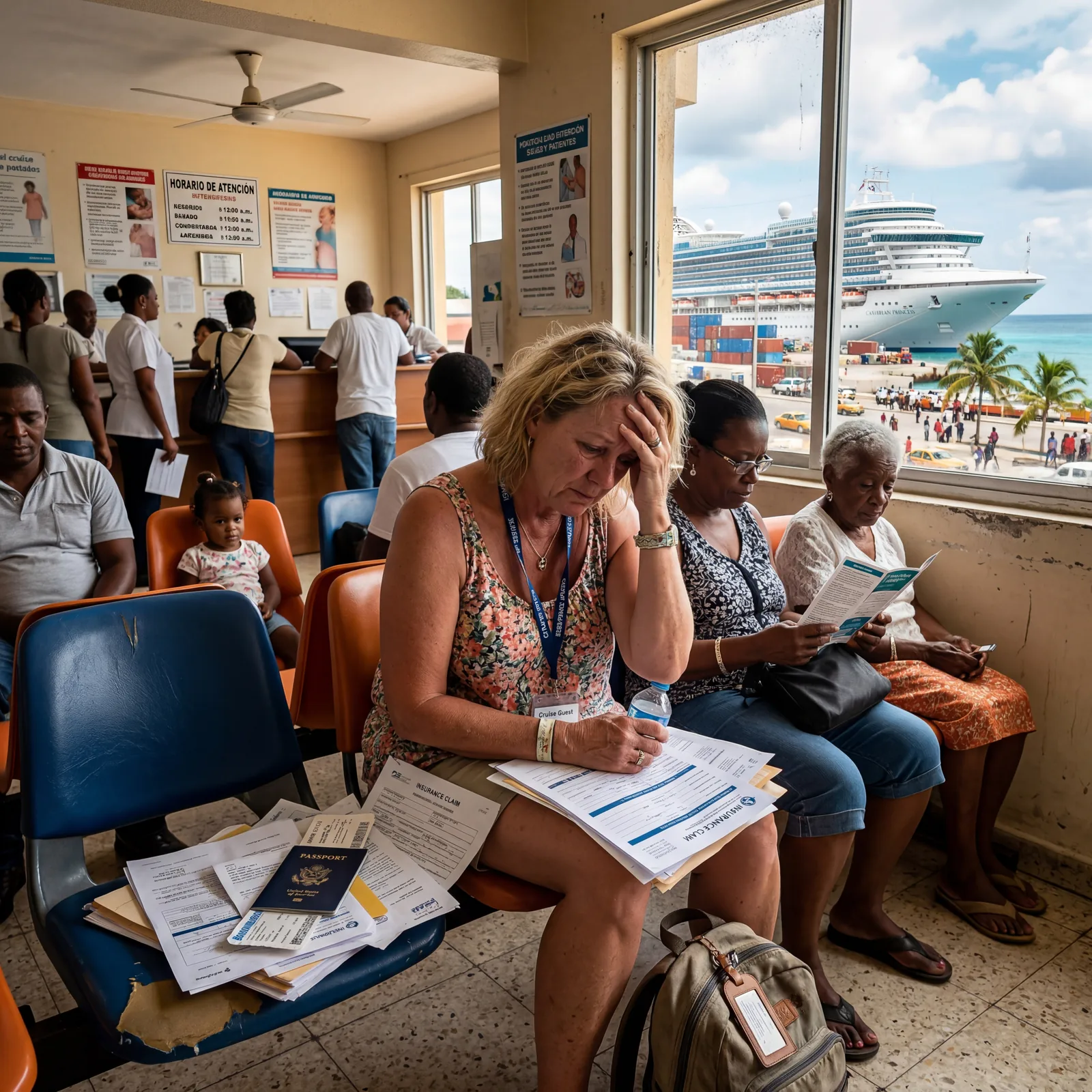 Stressed cruise tourist in a Caribbean port hospital waiting room, travel insurance documents on their lap, photorealistic, editorial travel photography, no text, no watermark, 16:9