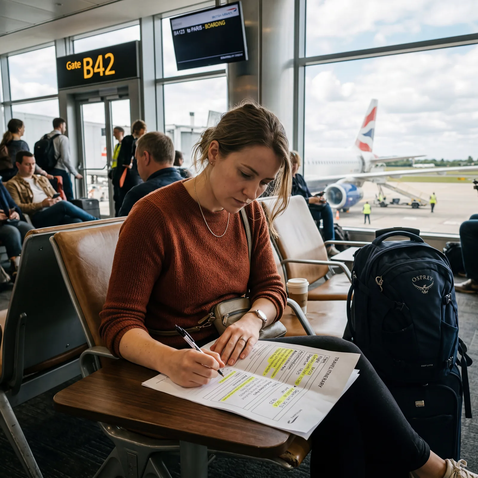 Traveler reviewing a printed travel itinerary at an airport gate, flight details and hotel addresses highlighted, pen in hand, photorealistic, editorial travel photography, no text, no watermark, 16:9