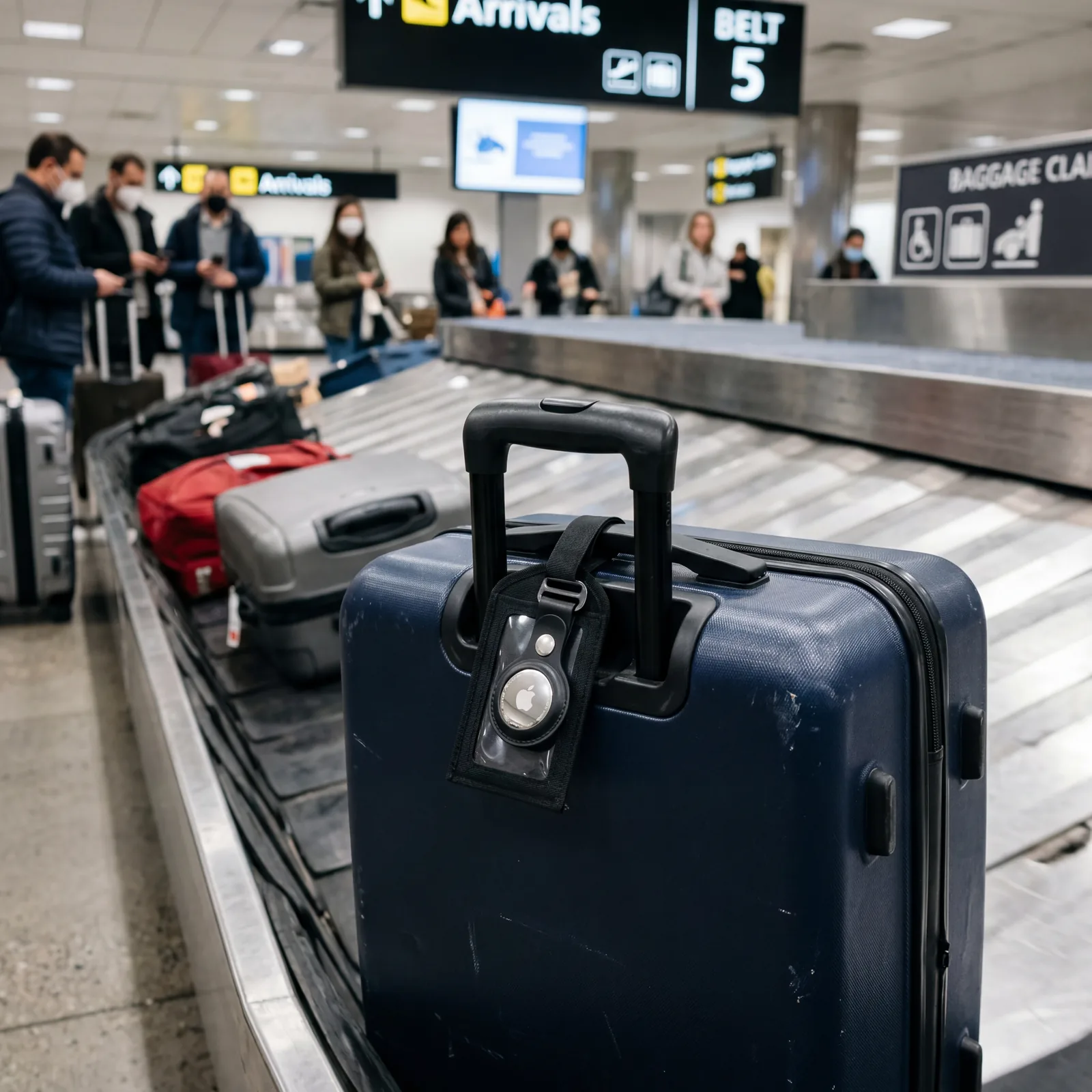 A small AirTag attached to a luggage tag on a suitcase handle at an airport baggage carousel, photorealistic, no text, no watermark, 16:9