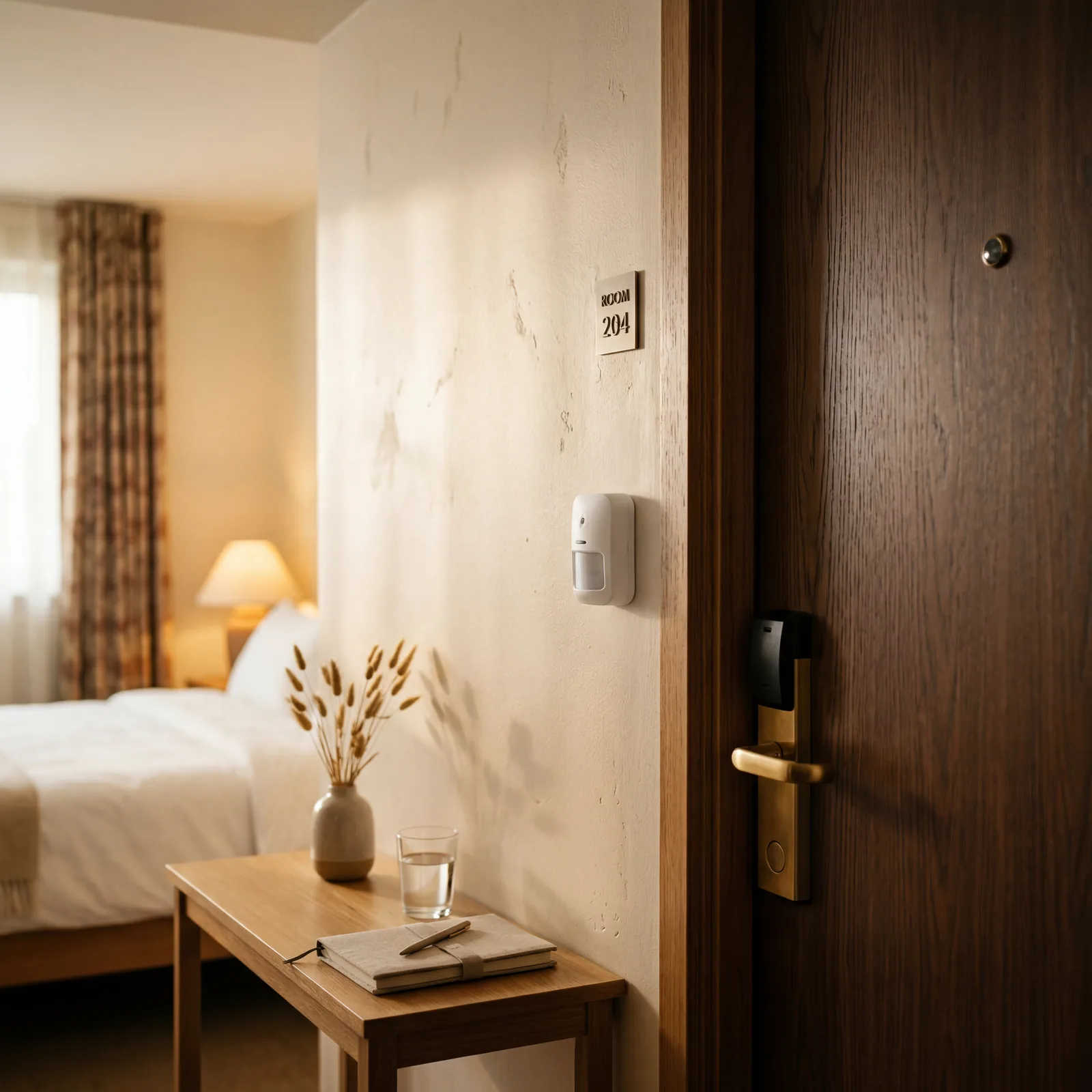 A small battery-powered motion sensor alarm mounted on a hotel room wall near the door, compact and discreet, photorealistic, warm editorial travel photography, no text, no watermark, 16:9