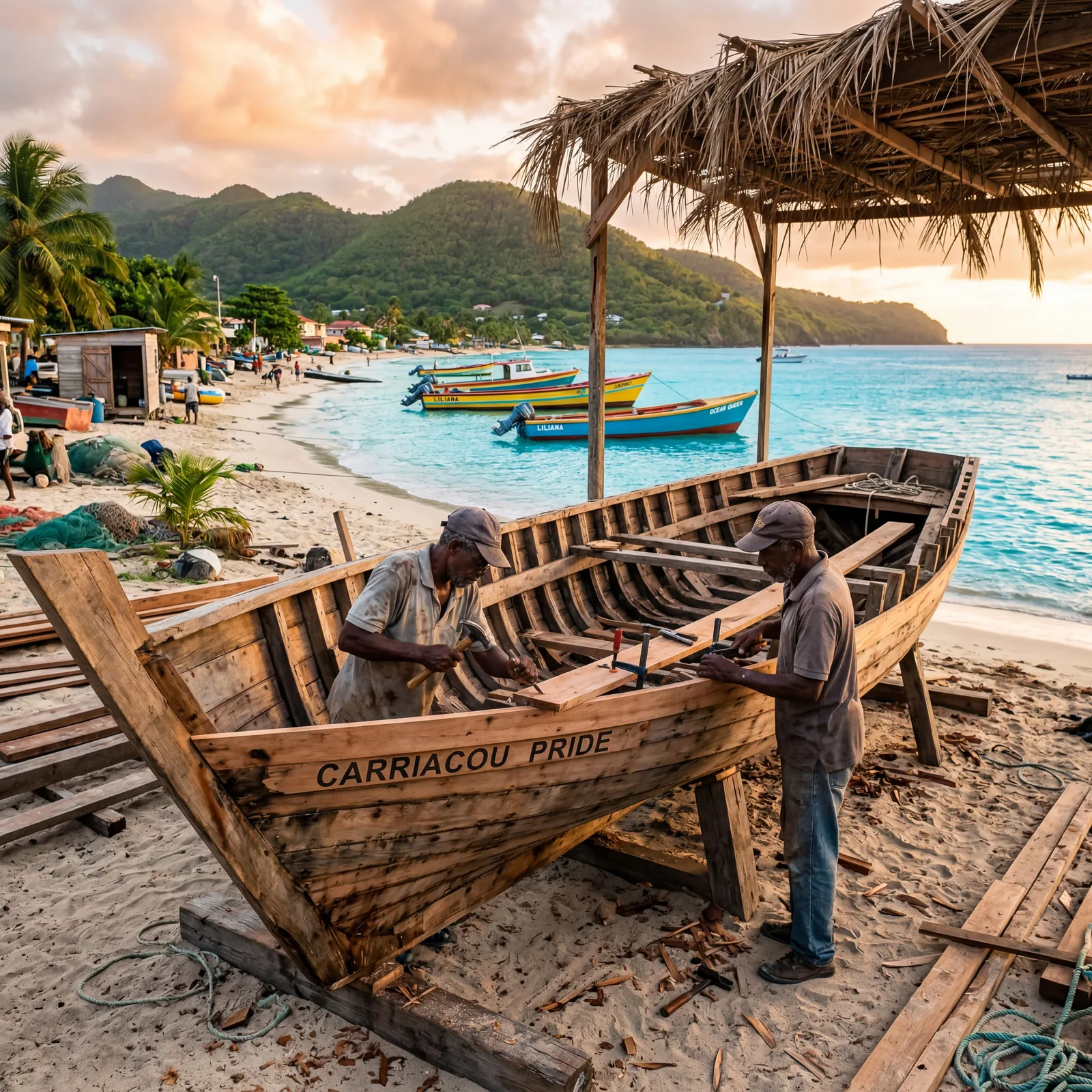 Carriacou Grenada traditional wooden boat building on beach, turquoise water behind, photorealistic, warm editorial travel photography, golden hour, no text, no watermark, 16:9