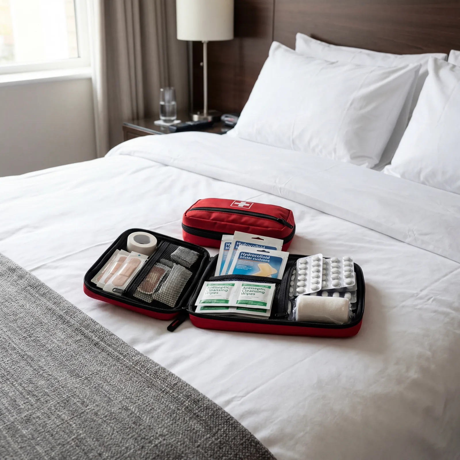 Compact first aid kit open on a hotel bed showing bandages, antiseptic wipes, pain relief tablets and blister treatments, photorealistic, no text, no watermark, 16:9