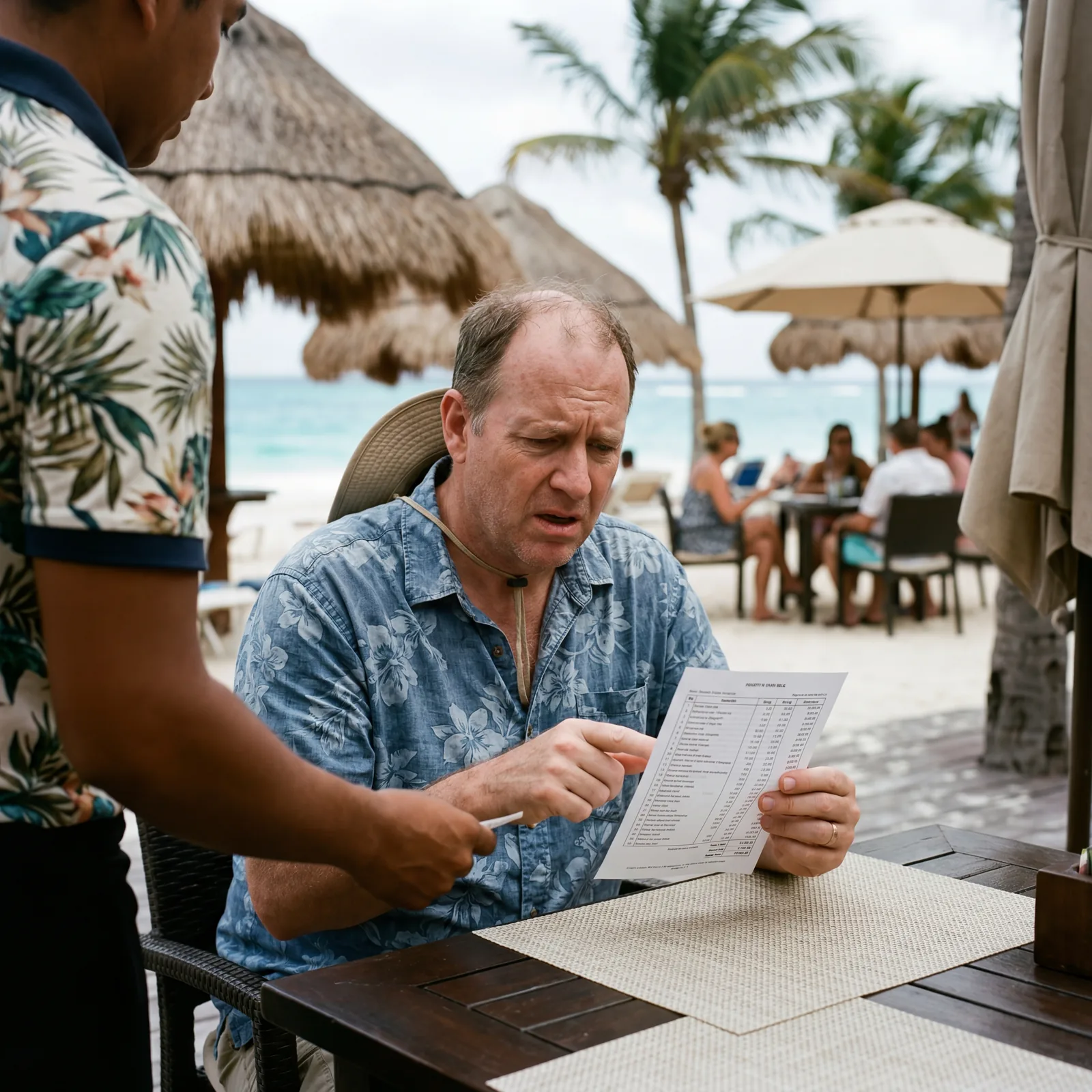 Confused tourist at a Caribbean beach club being handed an itemized bill with many unexpected charges, upset expression, beautiful beach club setting behind them, editorial travel photography, photorealistic, no text, no watermark, 16:9