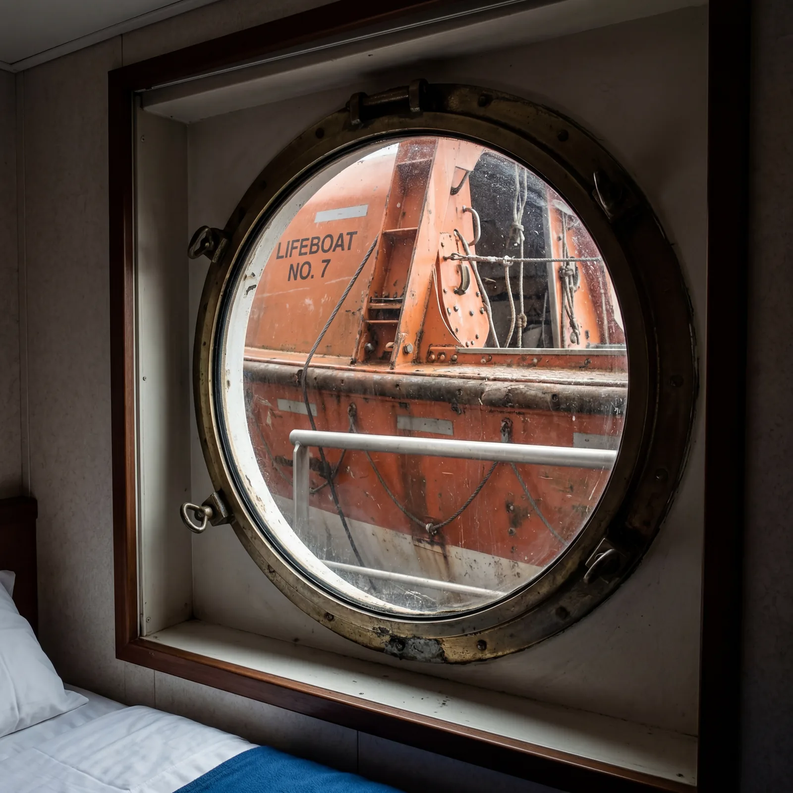 cruise ship cabin porthole window completely blocked by a steel lifeboat just inches away, close-up realistic travel photography, no text, no watermark, 16:9