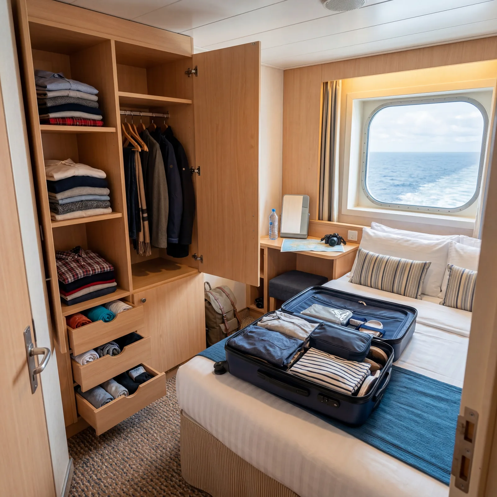 Cruise ship cabin with clothes organized into small drawers and wardrobes, open suitcase on the bed, tidy and compact space, travel photography, photorealistic, no text, no watermark, 16:9