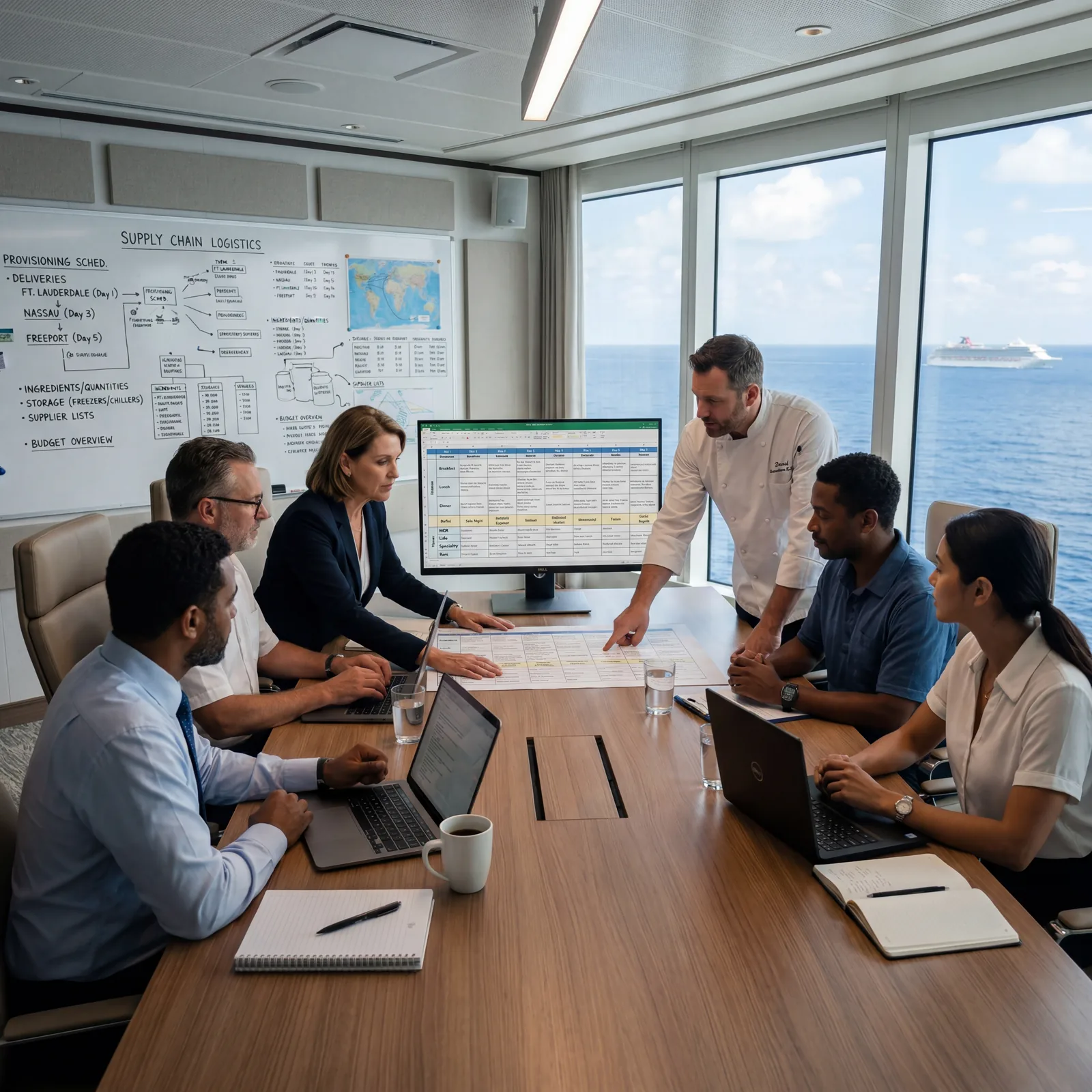 Cruise ship food and beverage planning team reviewing a 7-day menu matrix spreadsheet in a boardroom, supply chain logistics on whiteboards, photorealistic, cinematic, no text, no watermark, 16:9