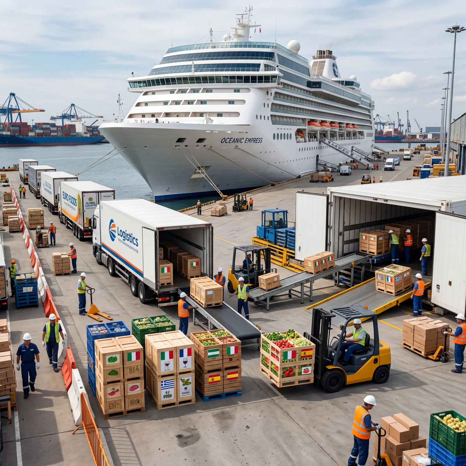 Cruise ship receiving dock with supplier trucks lined up, cargo being transferred to ship, international food labels visible on crates, busy port provisioning, photorealistic, no text, no watermark, 16:9