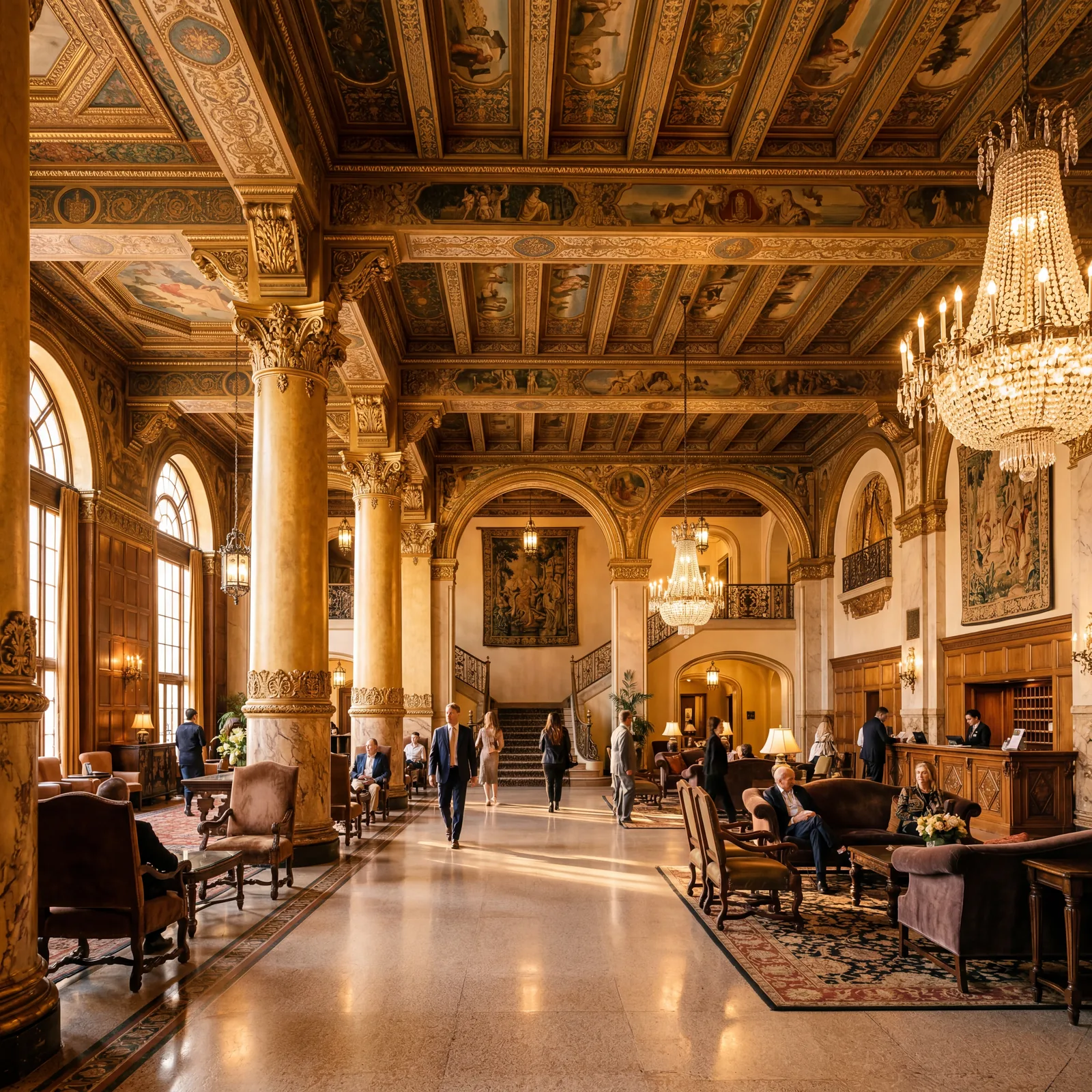 Grand Spanish Colonial Revival Biltmore Hotel lobby in Los Angeles California with ornate painted ceiling and gilded columns, warm editorial travel photography, golden hour, photorealistic, no text, no watermark, 16:9