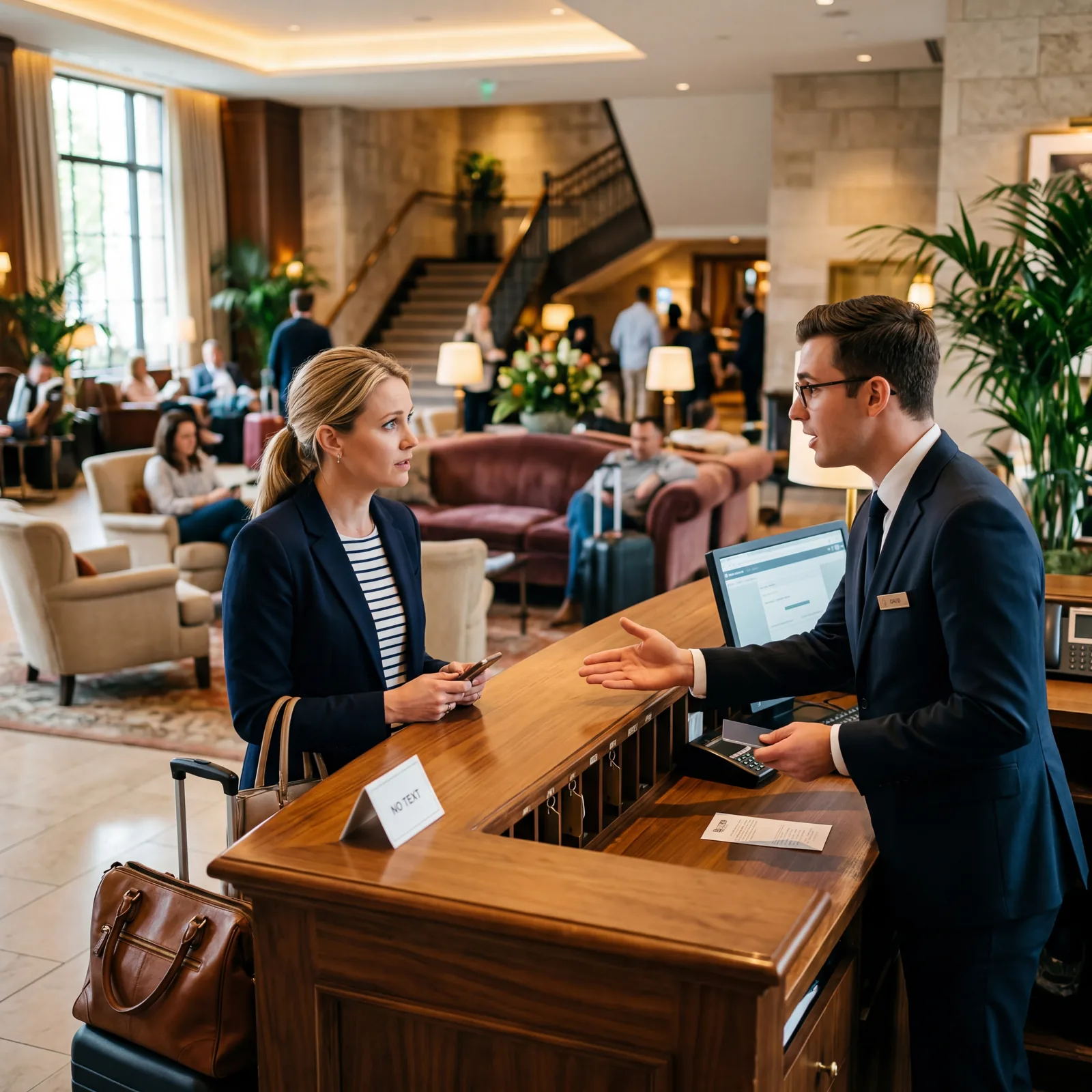 Hotel front desk, American guest receiving news that room isn't ready yet, staff offering apology and solution, lobby seating area visible in background, warm editorial travel photography, photorealistic, no text, no watermark, 16:9