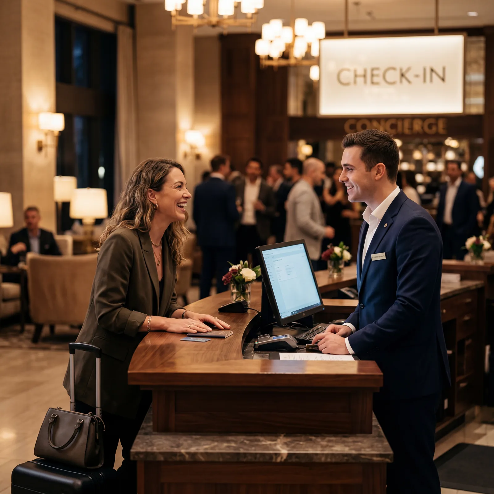 Hotel front desk, guest leaning forward slightly and smiling during check-in conversation, staff member engaged and attentive, warm hotel lobby lighting, editorial photography, photorealistic, no text, no watermark, 16:9