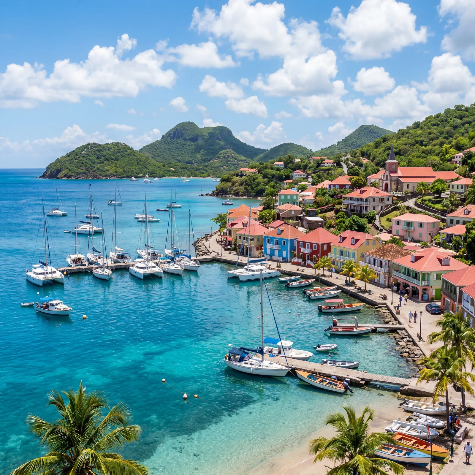 Les Saintes Guadeloupe Terre-de-Haut village harbor with sailboats and colorful French Caribbean buildings, stunning turquoise water, photorealistic, no text, no watermark, 16:9