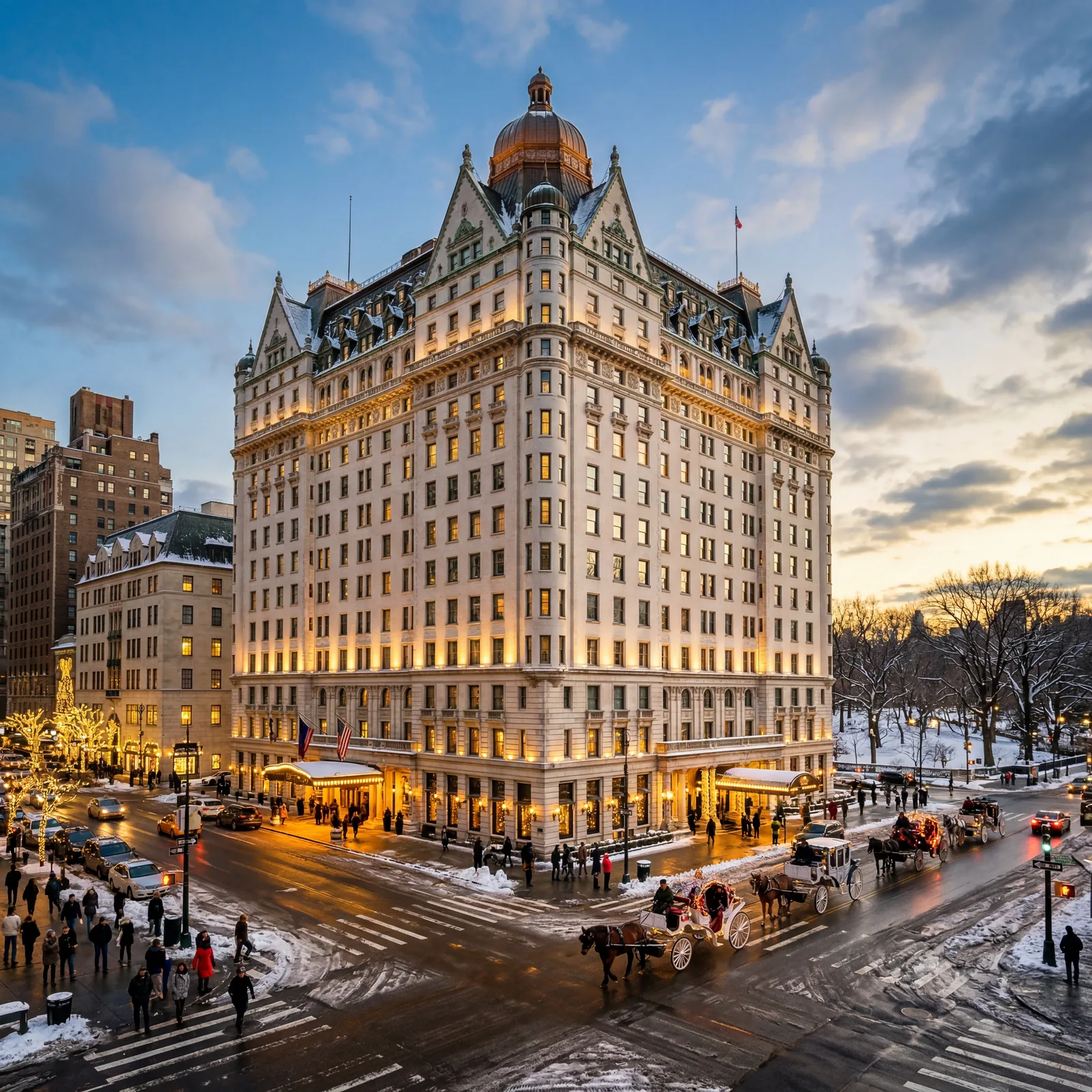 White chateau-style hotel at the corner of Fifth Avenue and Central Park South in New York City, glittering facade under a winter sky, horse-drawn carriages below, warm editorial travel photography, golden hour, photorealistic, no text, no watermark, 16:9