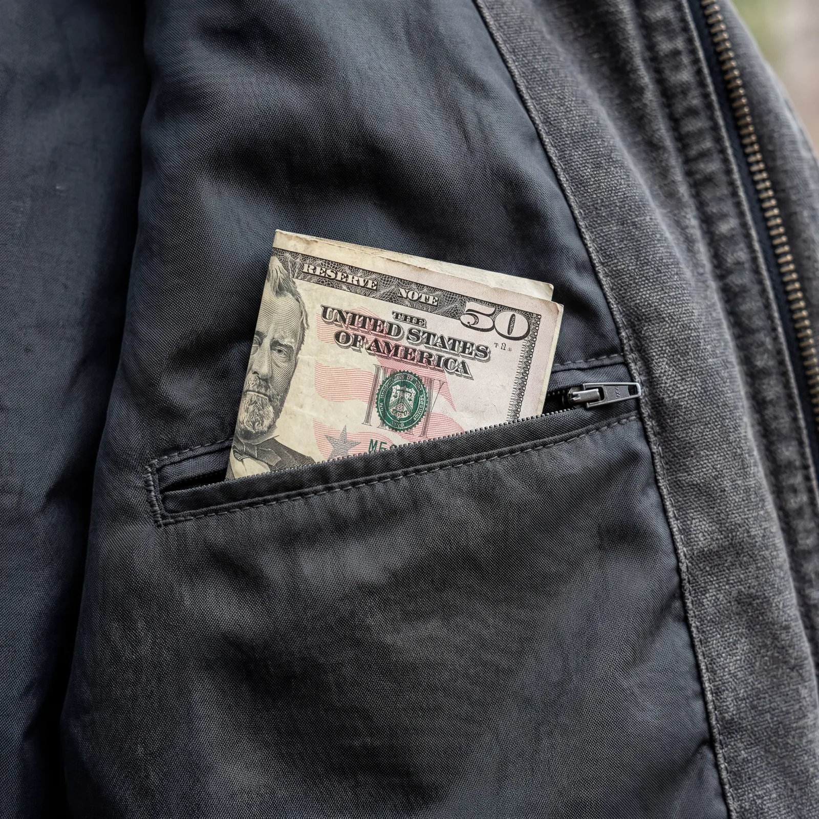 A folded $50 bill tucked into a hidden pocket sewn into the inner lining of a travel jacket, close-up, photorealistic, no text, no watermark, 16:9