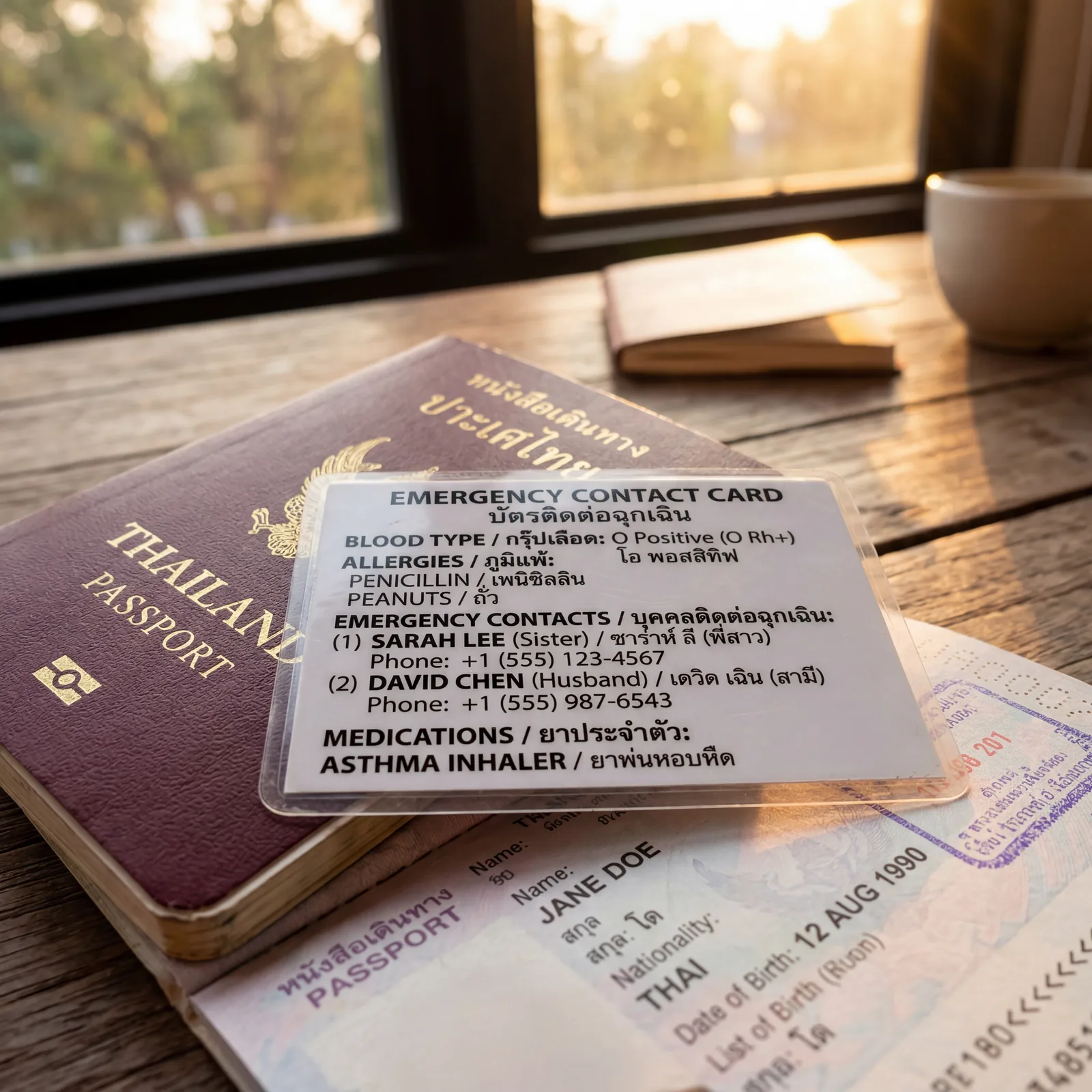 A laminated emergency contact card showing blood type, allergies, emergency contacts, and medication information in both English and Thai script, resting on a traveler's passport, photorealistic, warm editorial photography, golden hour, no text, no watermark, 16:9