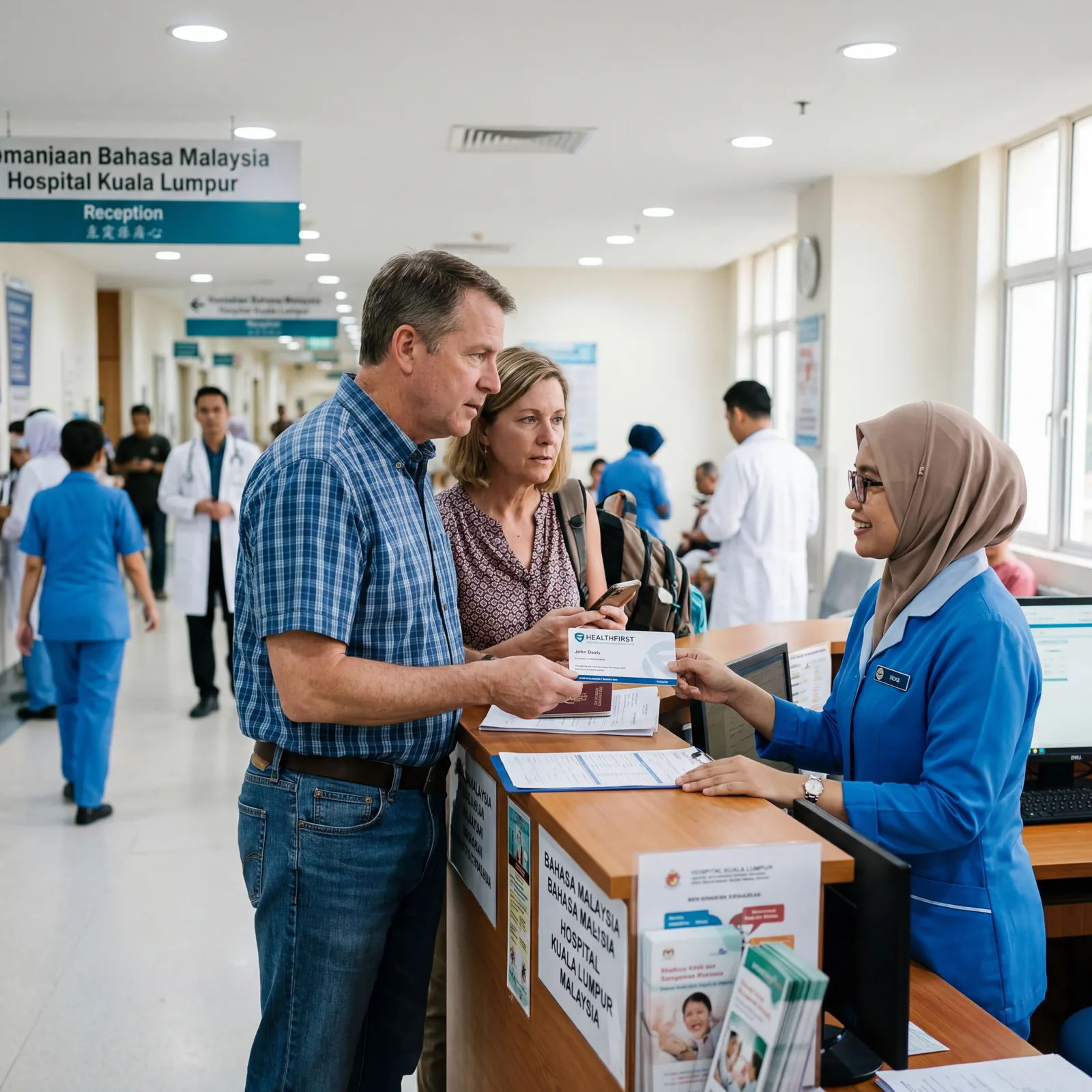 American couple speaking with a hospital reception desk in a foreign country, travel insurance card visible, medical staff in background, serious but calm atmosphere, photorealistic, editorial travel photography, no text, no watermark, 16:9