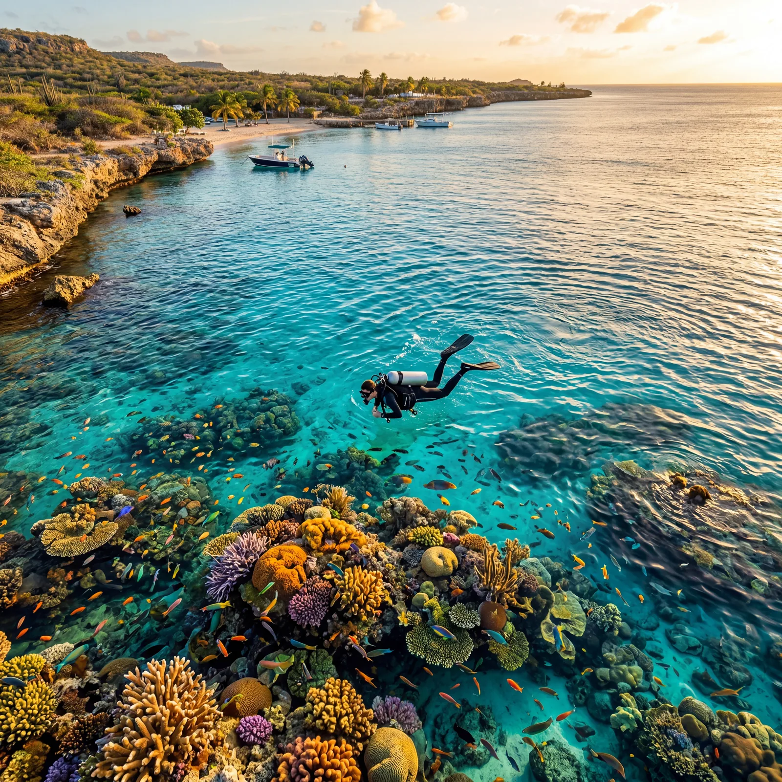 Bonaire Caribbean island diver entering pristine coral reef with colorful fish, crystal clear turquoise water, aerial shot, golden hour, photorealistic, no text, no watermark, 16:9