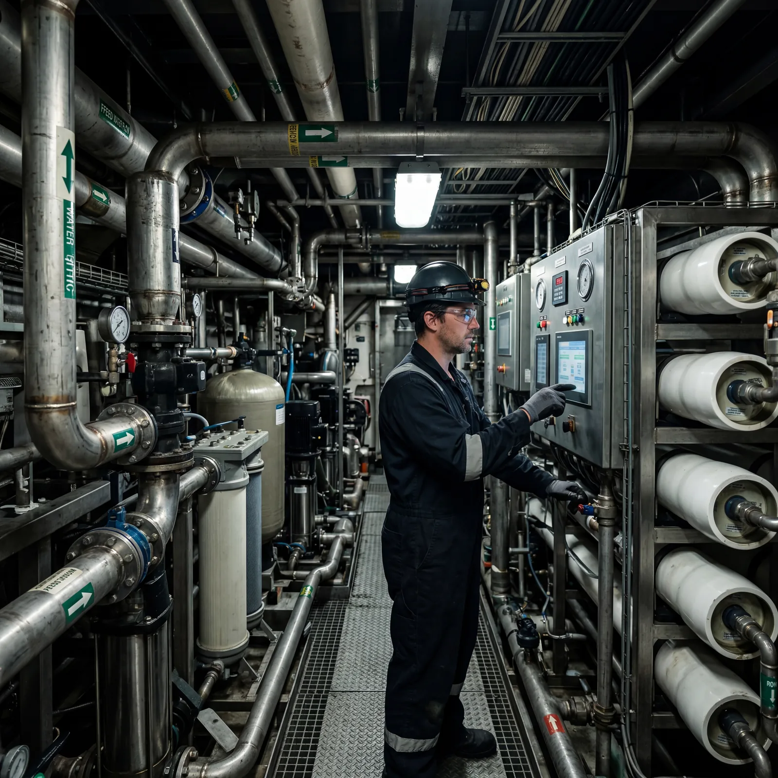 Cruise ship reverse osmosis water desalination plant deep below decks, industrial pipes and filtration systems, crew engineer monitoring systems, photorealistic, cinematic, no text, no watermark, 16:9