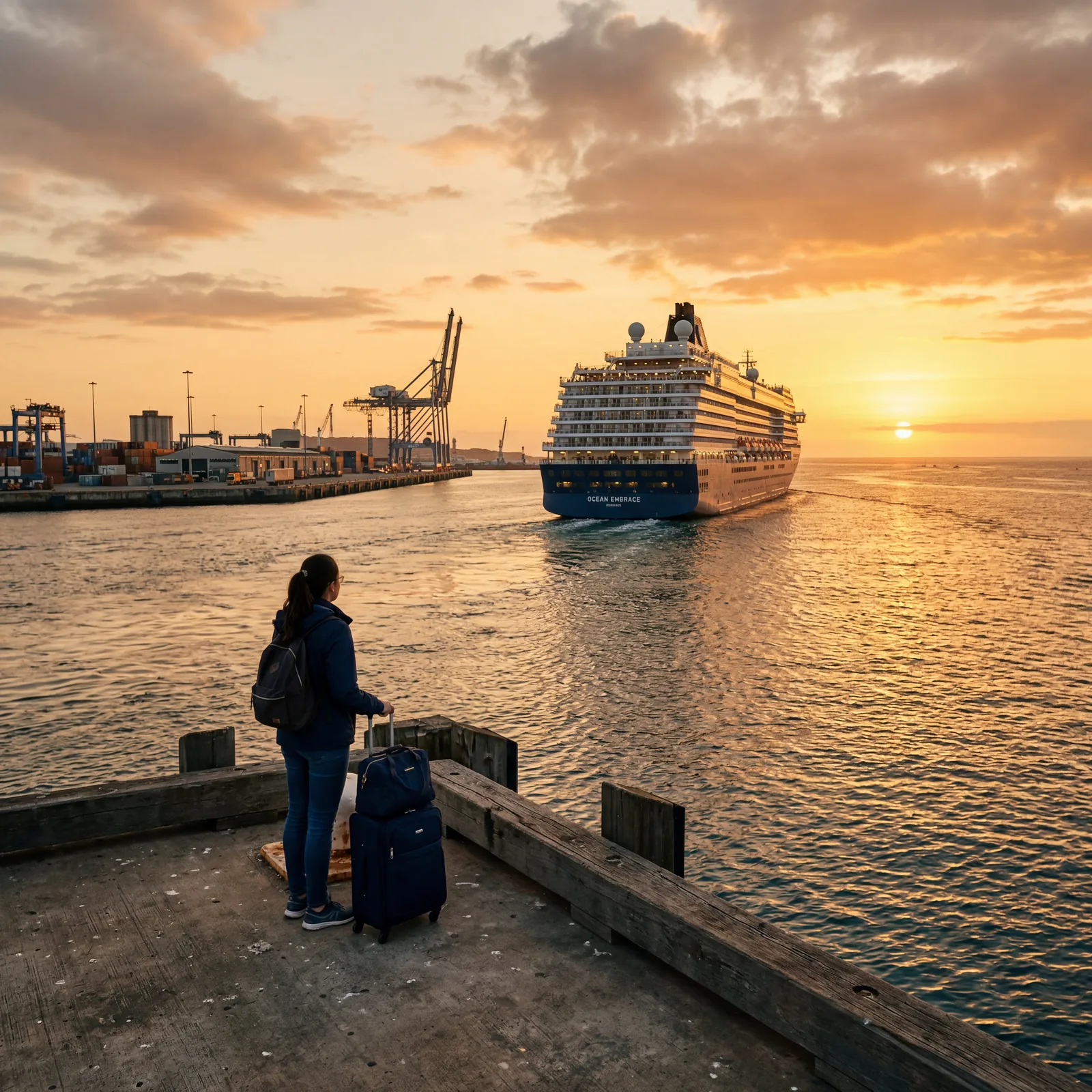 cruise ship sailing away from a port at sunset with a lone figure standing on the dock with luggage watching it go, cinematic wide shot, golden hour, photorealistic, no text, no watermark, 16:9