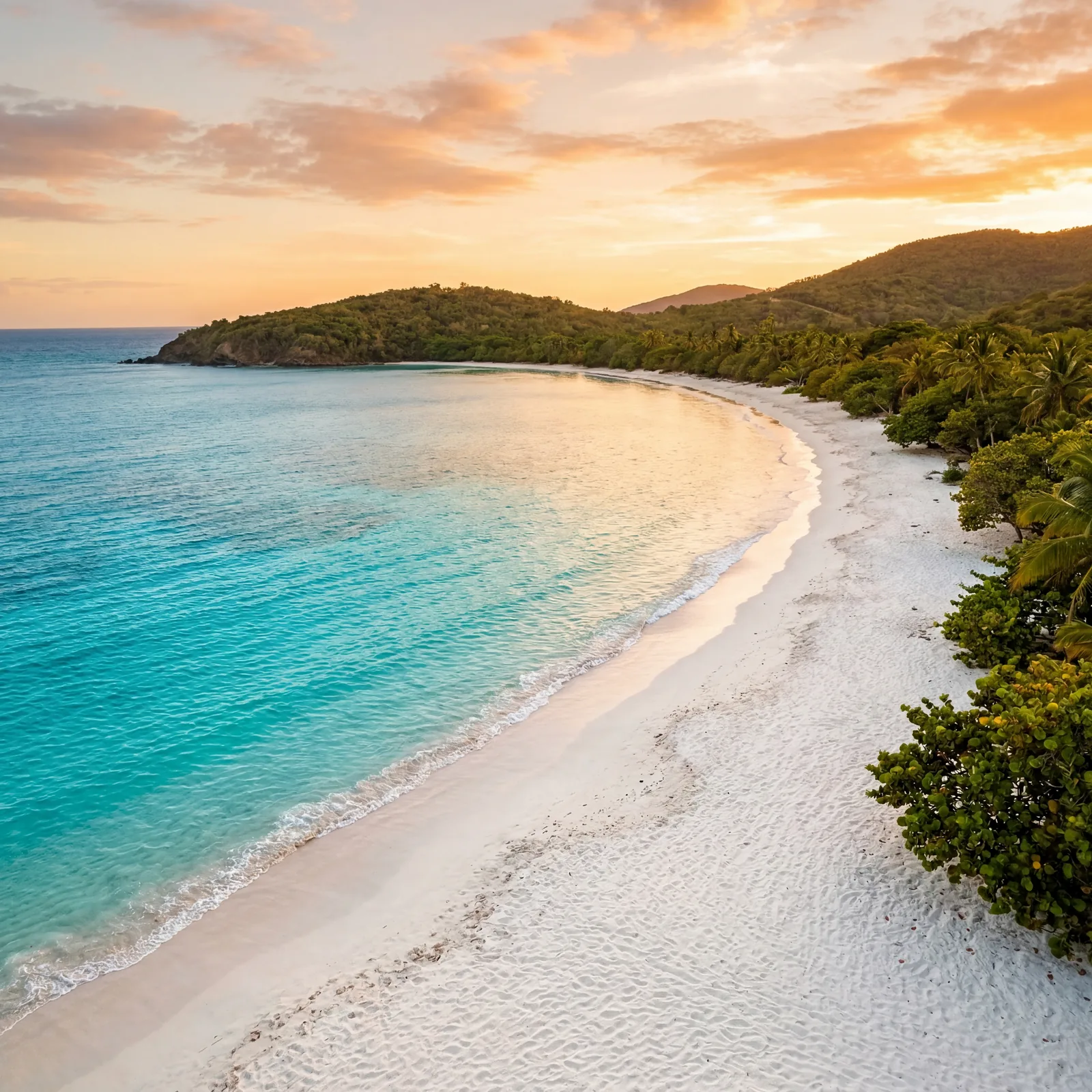 Flamenco Beach Culebra Puerto Rico with pristine white sand and turquoise water, no crowds, photorealistic, warm editorial travel photography, golden hour, no text, no watermark, 16:9