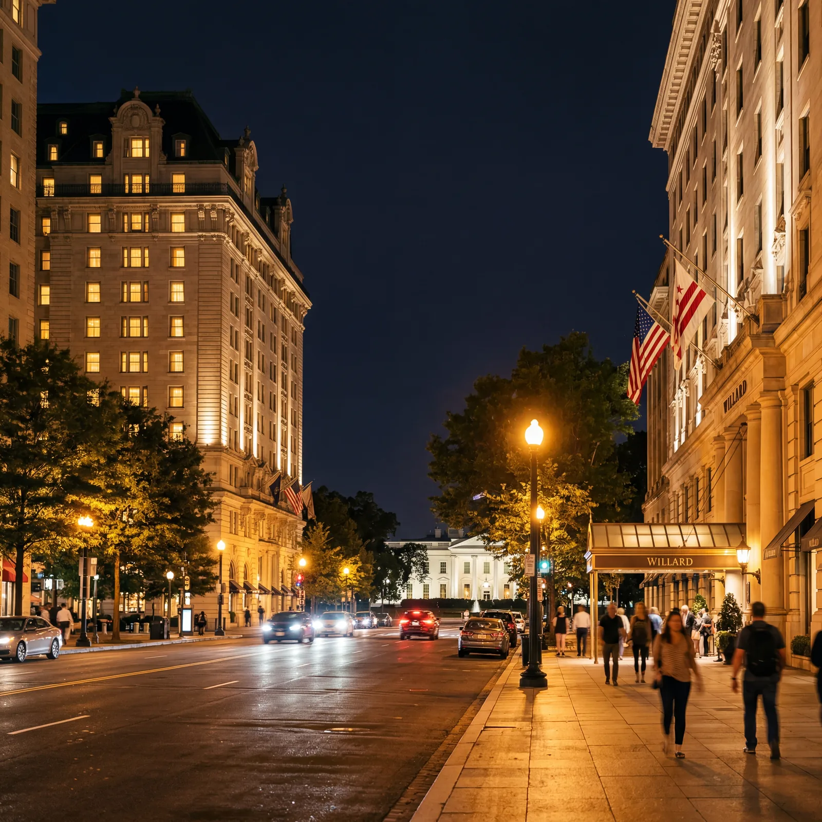 Historic Willard InterContinental Hotel at night in Washington DC with warm golden windows glowing two blocks from the White House, warm editorial travel photography, photorealistic, no text, no watermark, 16:9