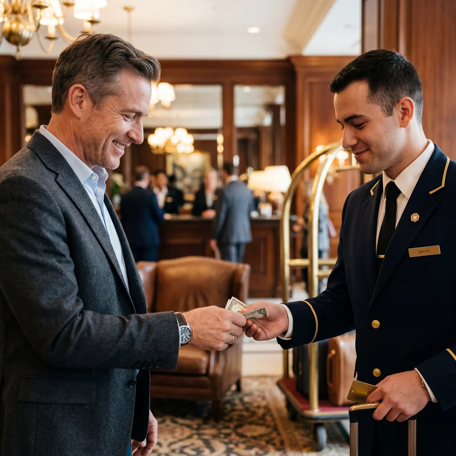 Hotel bellman receiving a tip from a grateful guest in the hotel lobby, warm interior lighting, cinematic close-up, editorial photography, photorealistic, no text, no watermark, 16:9