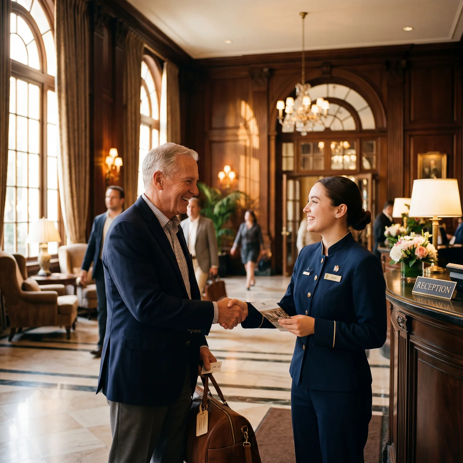 Hotel lobby, American guest treating a junior staff member with the same warmth and respect as a hotel manager, natural candid moment, warm hotel interior, warm editorial travel photography, golden hour, photorealistic, no text, no watermark, 16:9