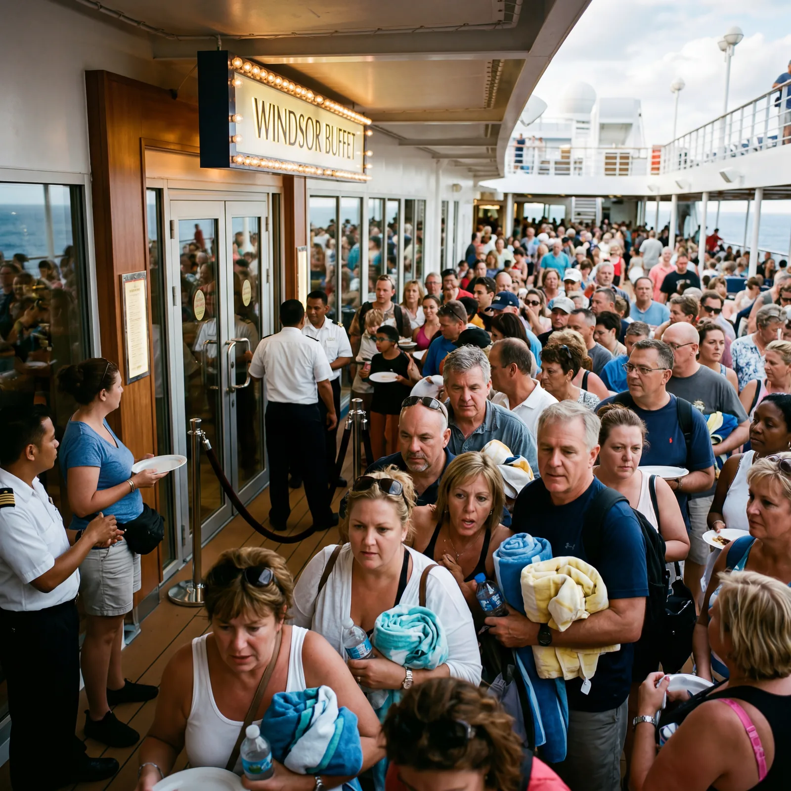 Huge crowd of cruise passengers lined up outside a buffet restaurant door waiting for it to open, chaos and anticipation, travel documentary photography, photorealistic, no text, no watermark, 16:9