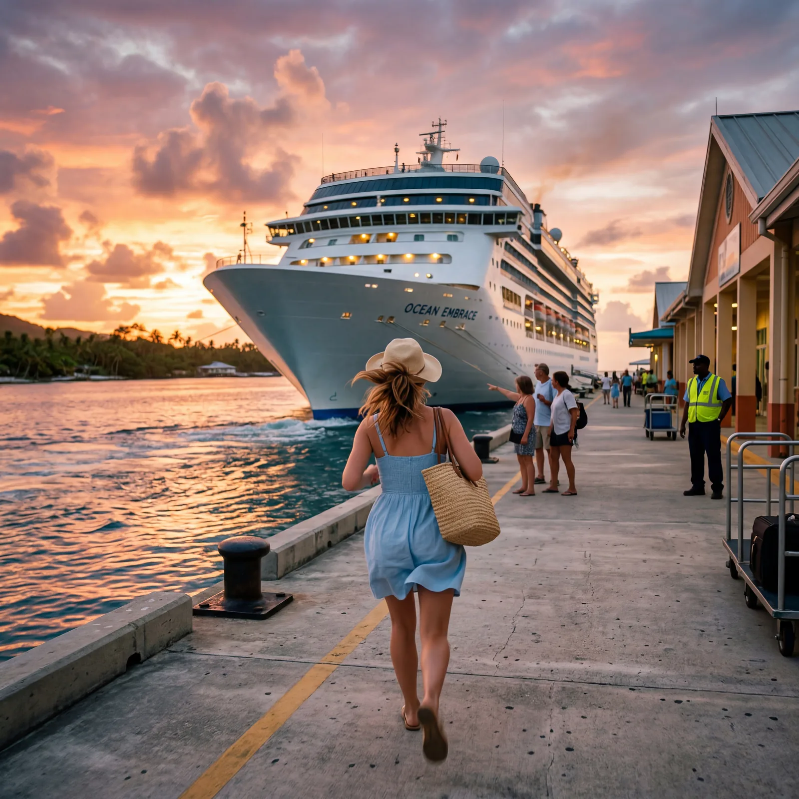 Panicked cruise passenger running down a pier toward a cruise ship that is beginning to pull away from the dock, Caribbean port sunset, dramatic moment, editorial travel photography, photorealistic, no text, no watermark, 16:9