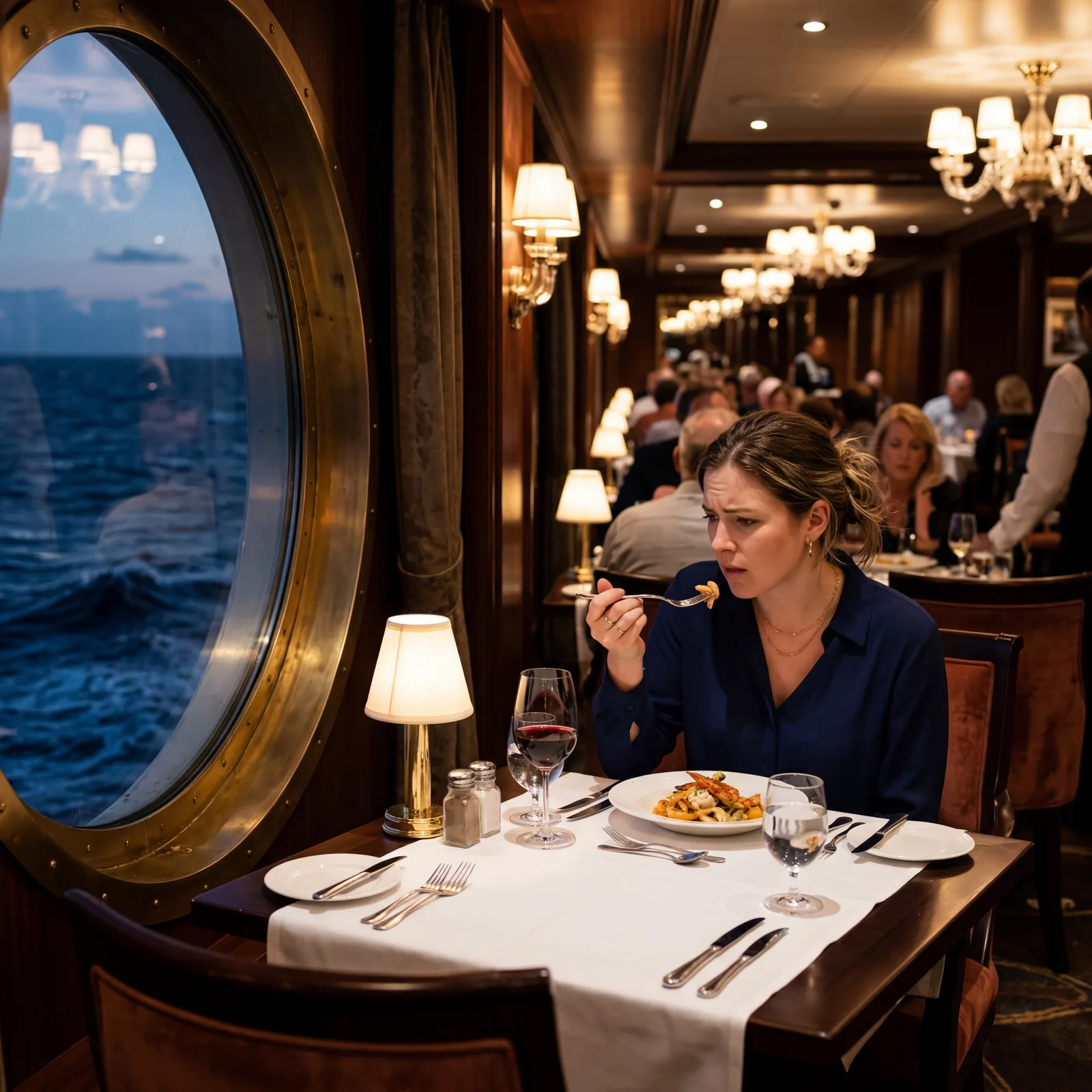 Passenger on a cruise ship dining room looking puzzled tasting food, atmospheric ship restaurant, ocean visible through porthole, warm lighting, cinematic composition, photorealistic, no text, no watermark, 16:9