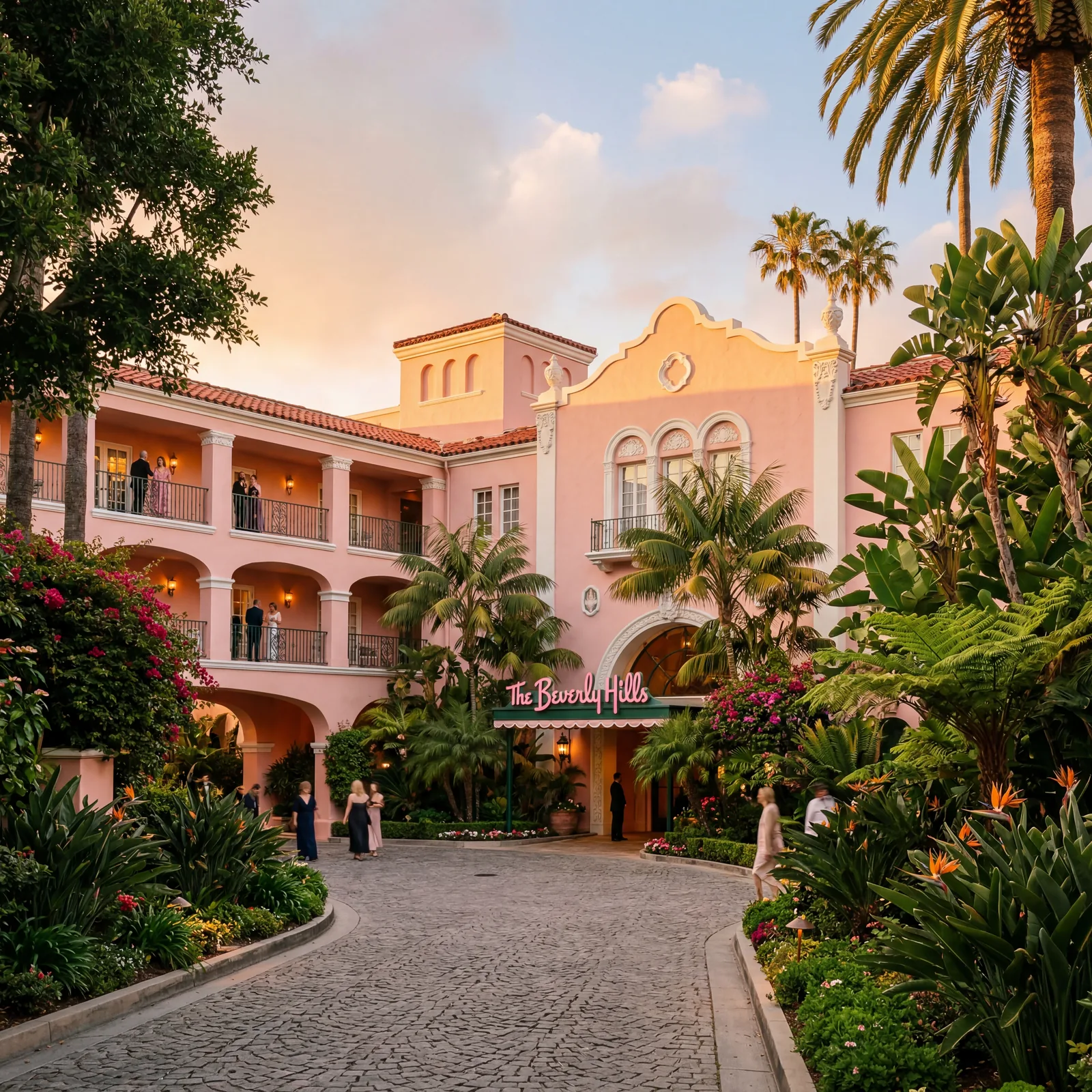 Pink Mission Revival hotel facade in Beverly Hills California surrounded by lush tropical gardens, famous pink and green color scheme glowing in warm California light, warm editorial travel photography, golden hour, photorealistic, no text, no watermark, 16:9