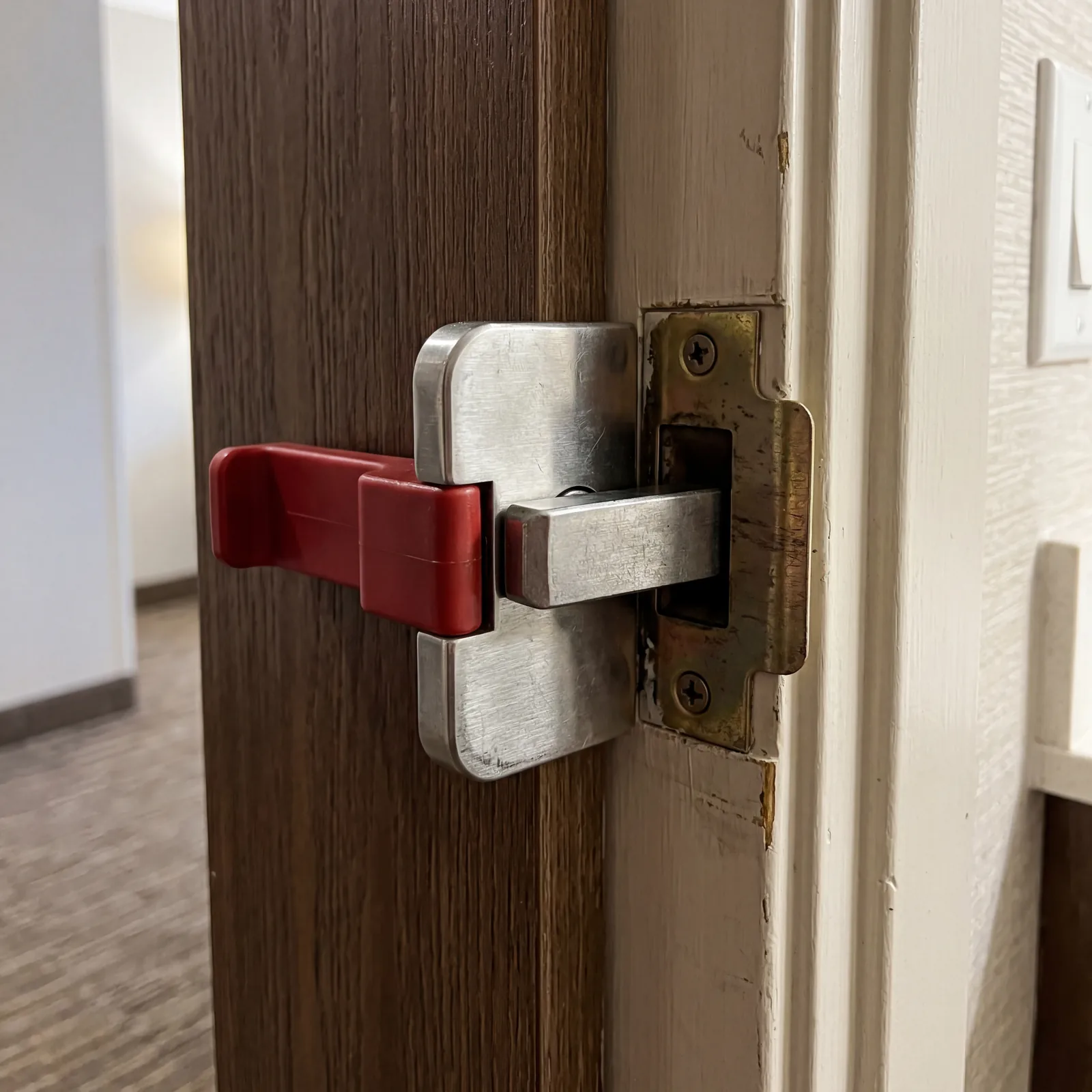 Portable door lock device inserted into a hotel door strike plate, close-up showing the locking mechanism engaged, photorealistic, no text, no watermark, 16:9