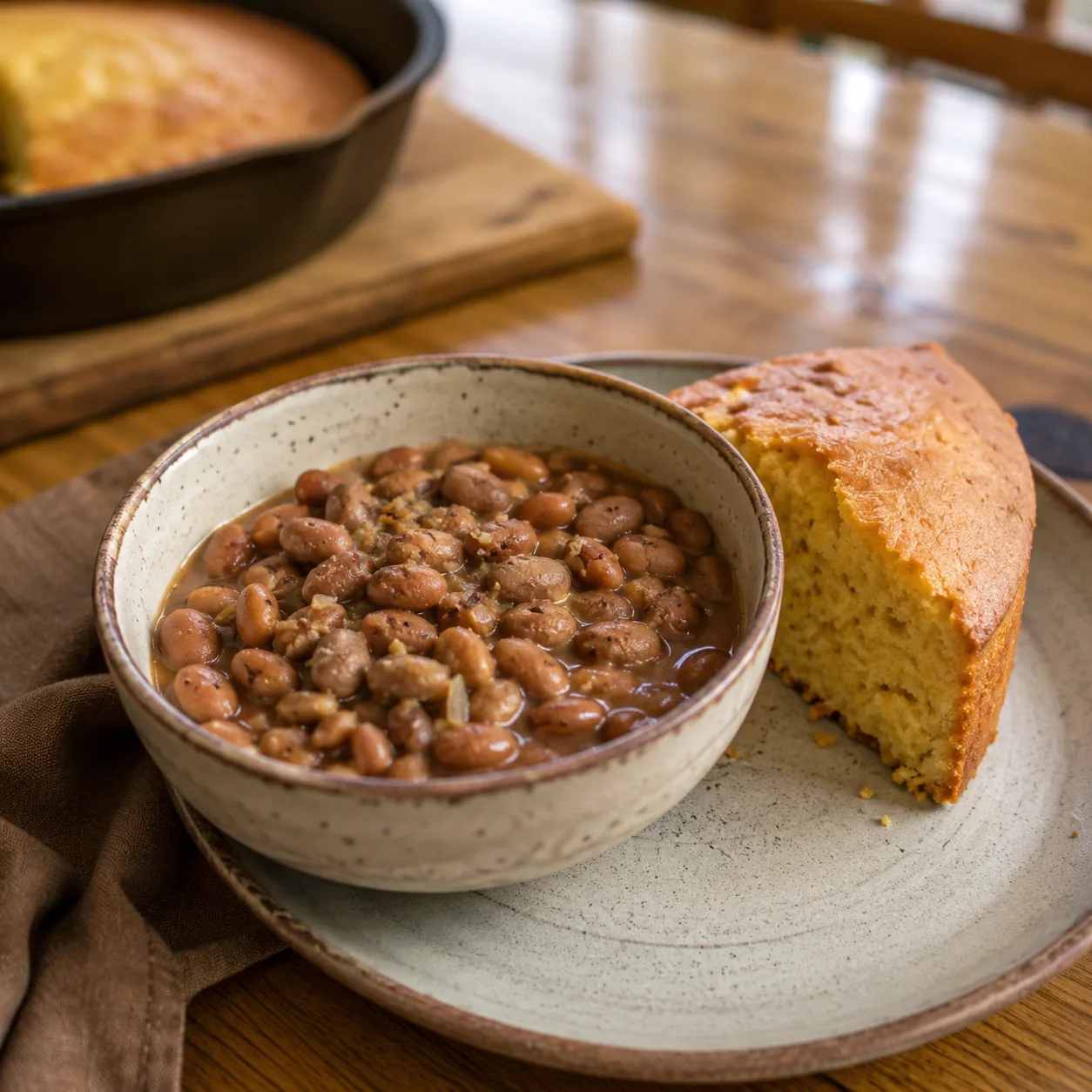 Realistic editorial photo of a bowl of pinto beans beside a wedge of cornbread on a simple kitchen table, practical budg