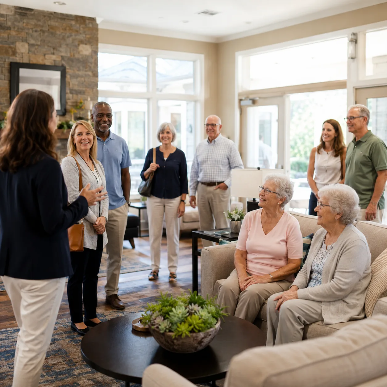 Realistic editorial photo of a bright retirement community clubhouse lounge with a tour group and a few smiling older re