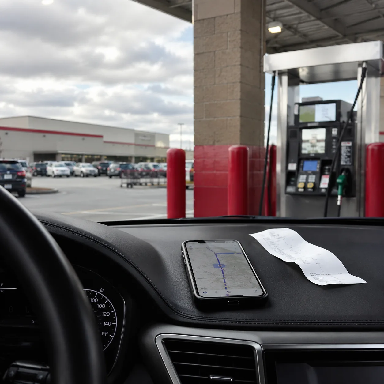 Realistic editorial photo of a car at a warehouse-style gas pump with phone map and receipt on the dashboard, practical