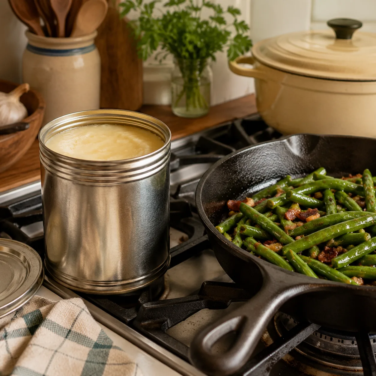 Realistic editorial photo of a clean metal can of bacon grease beside a cast iron skillet and green beans on a home stov