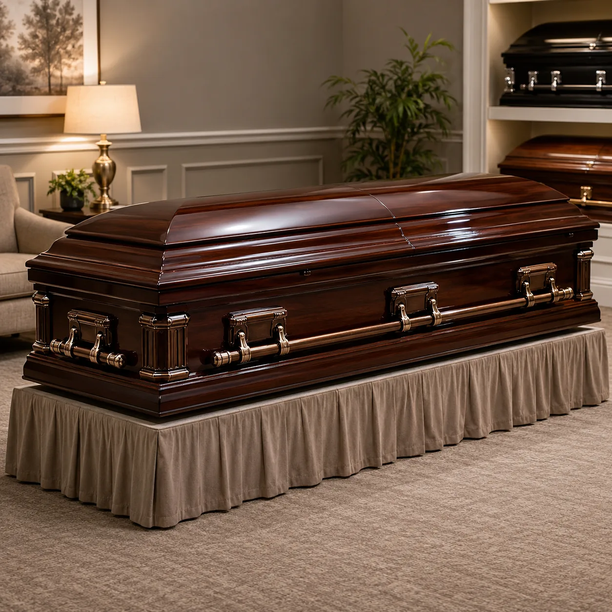 Realistic editorial photo of a closed polished casket in a quiet showroom setting with neutral lighting, practical consu
