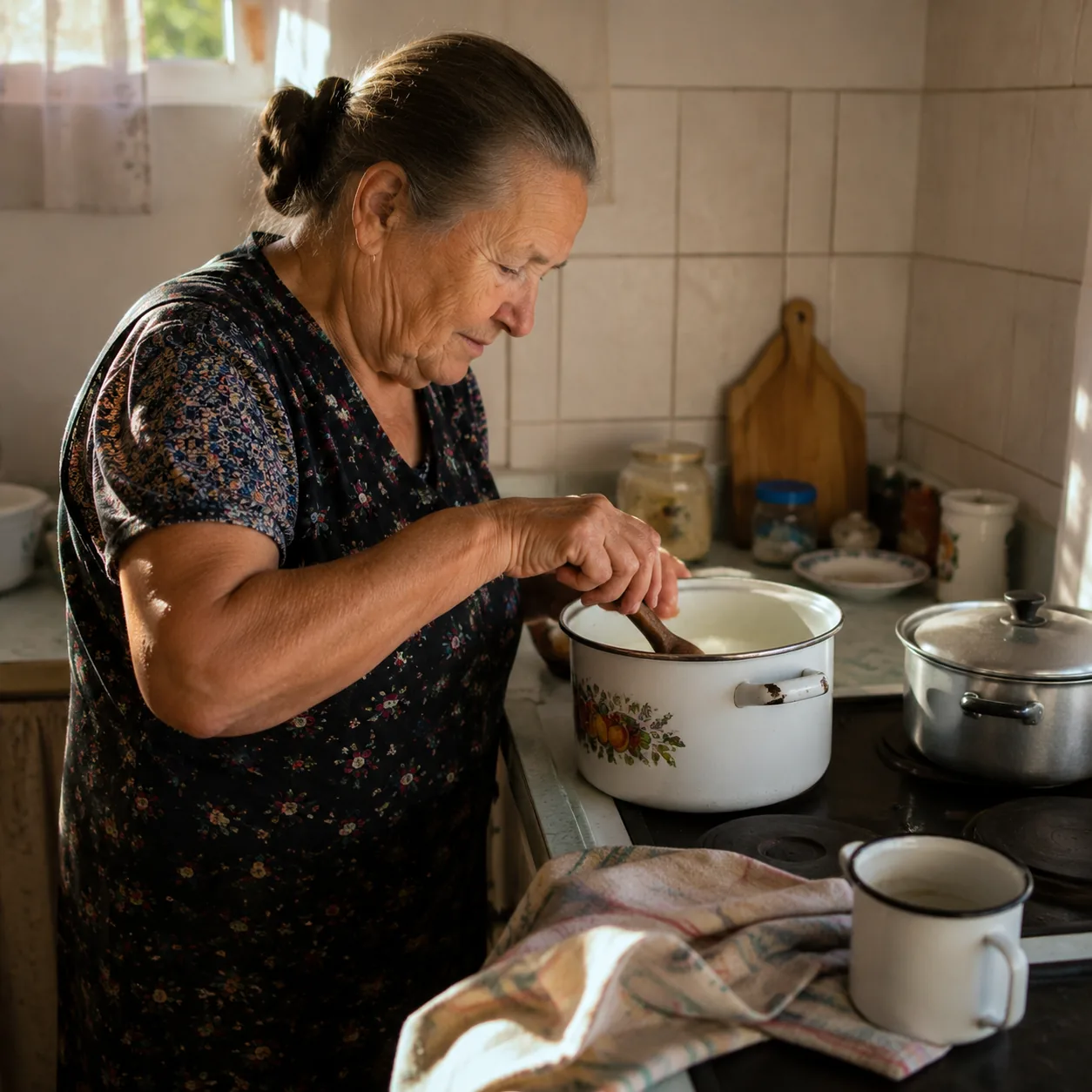 Realistic editorial photo of a grandmother stirring a soup pot on a modest kitchen stove with sunlight on the counter, w