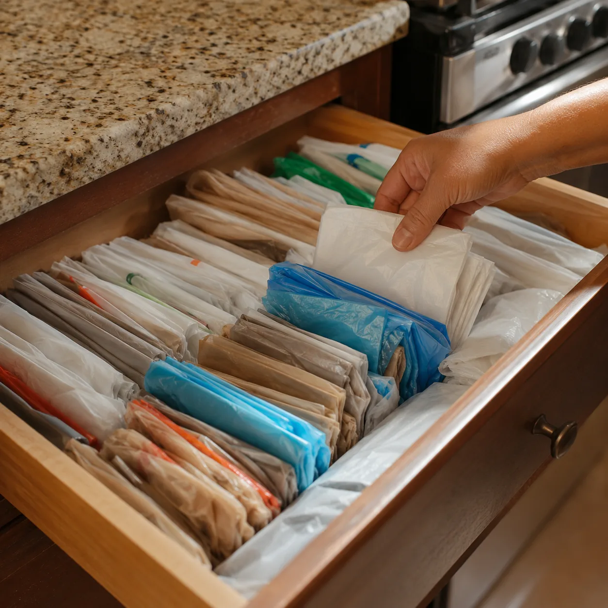 Realistic editorial photo of a kitchen drawer packed with neatly folded plastic grocery bags from a Latino family home, 
