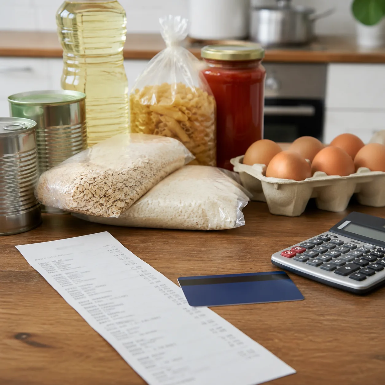 Realistic editorial photo of a kitchen table with a membership card, grocery receipt, calculator, and pantry staples, pr