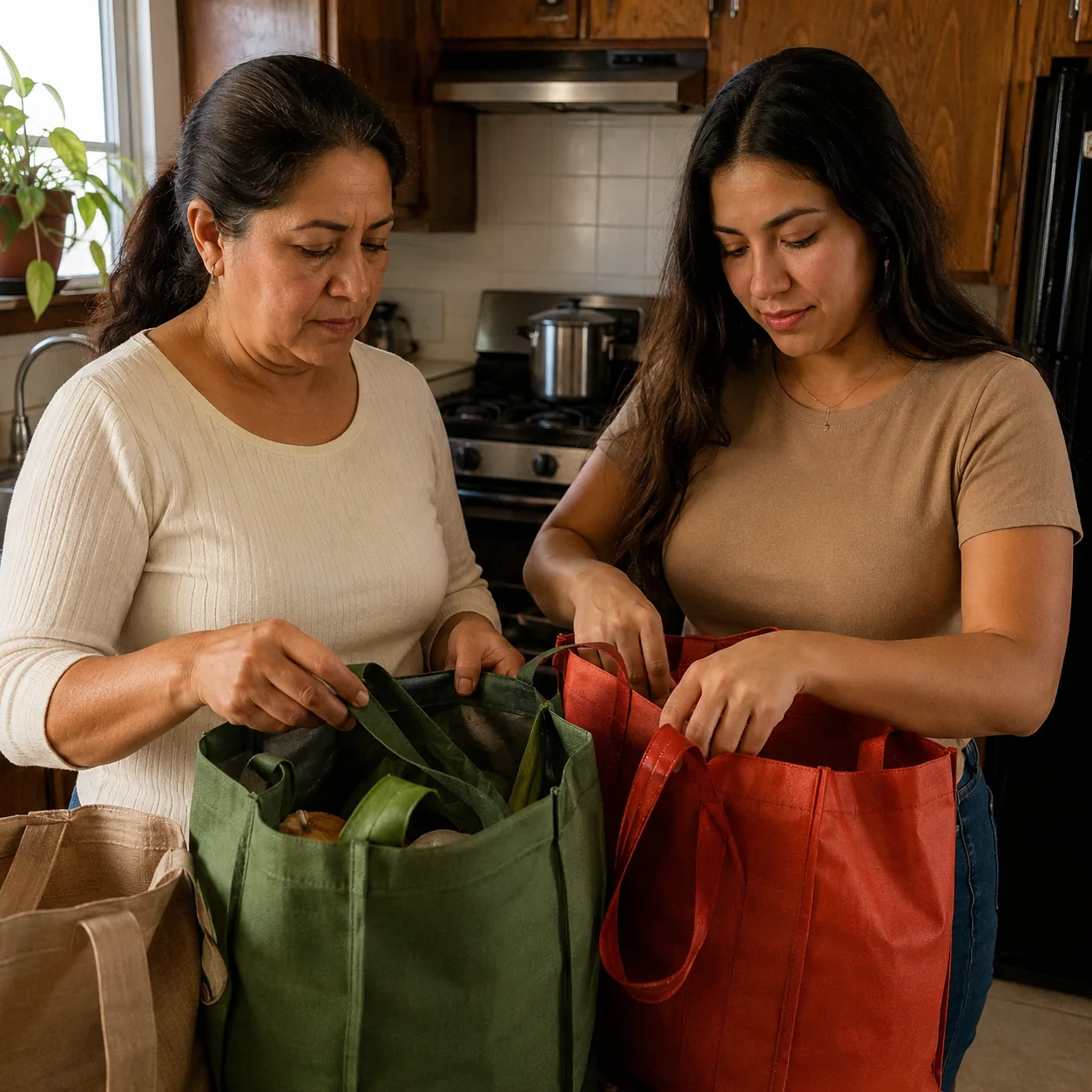 Realistic editorial photo of a Latina mother and adult child sorting reusable shopping bags in a modest US kitchen, warm