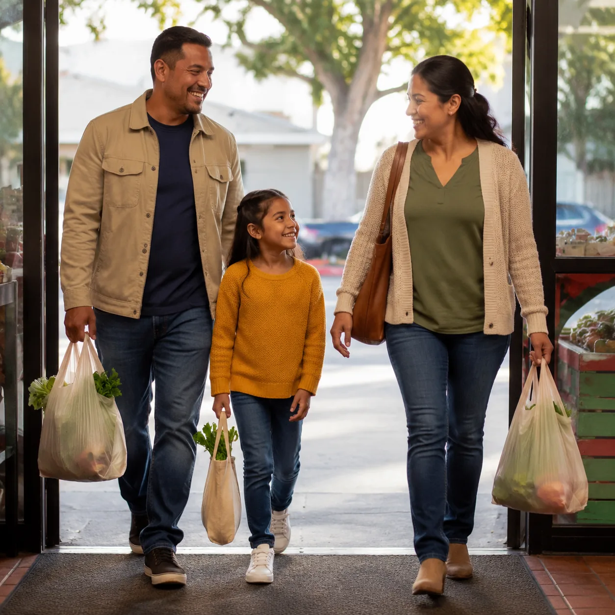 Realistic editorial photo of a Latino family entering a neighborhood grocery store with shopping bags and warm afternoon