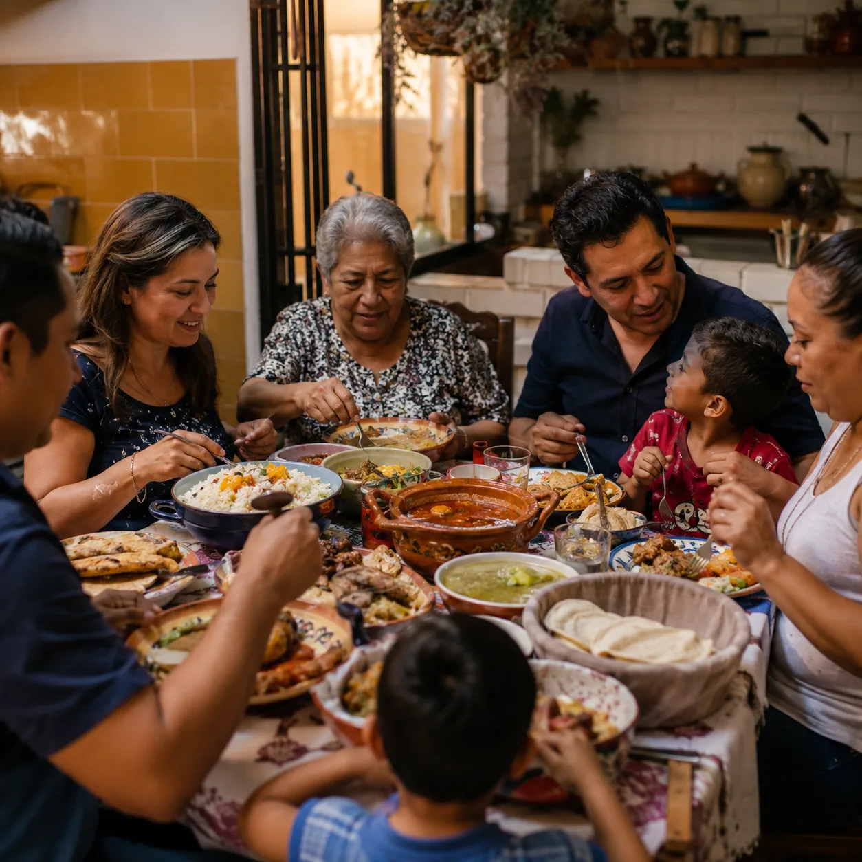 Realistic editorial photo of a multigenerational Latino family sharing Sunday dinner around a crowded kitchen table, war