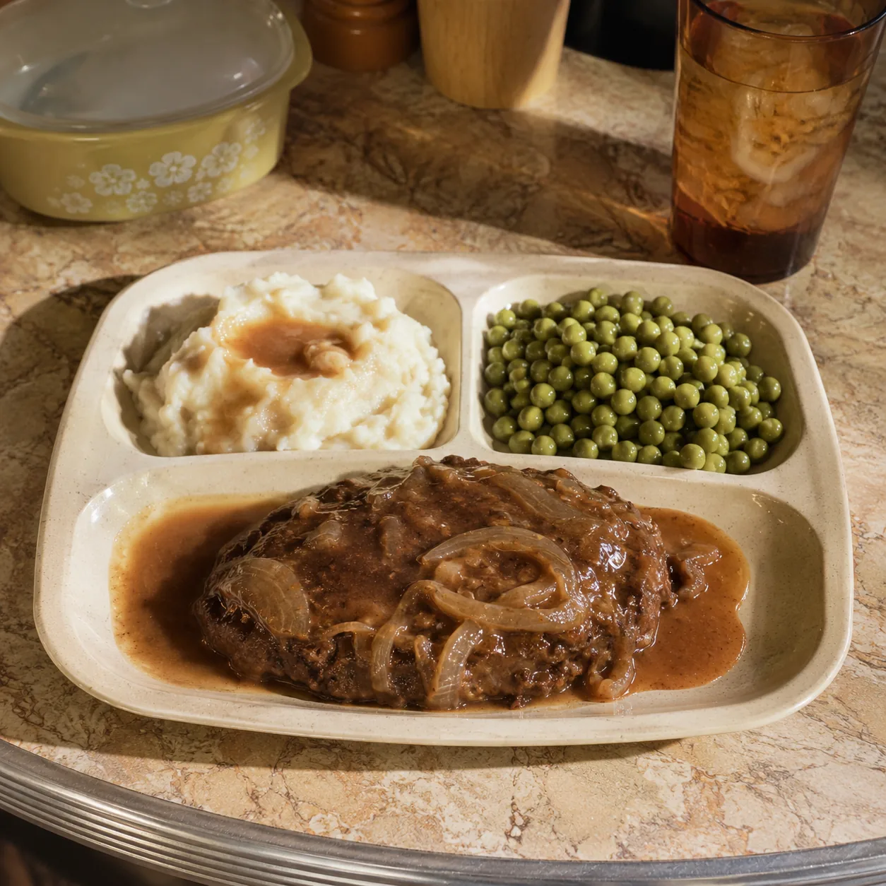 Realistic editorial photo of a Salisbury steak dinner with mashed potatoes and peas on a sectioned tray on a kitchen tab