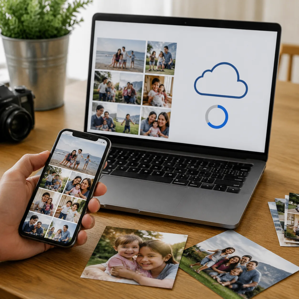 Realistic editorial photo of a smartphone, family photos, and a laptop photo backup screen without visible text, practic